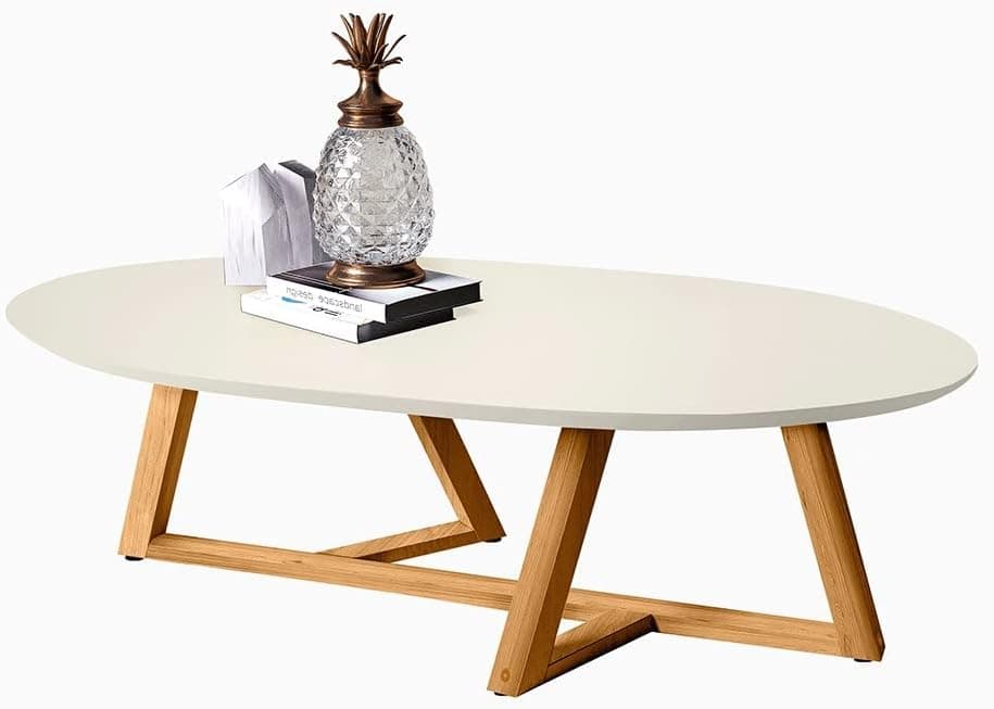 Mesa de Centro Sala Classic Oval com Pés em Madeira Maciça Off White/Amendoa - Imagem 4