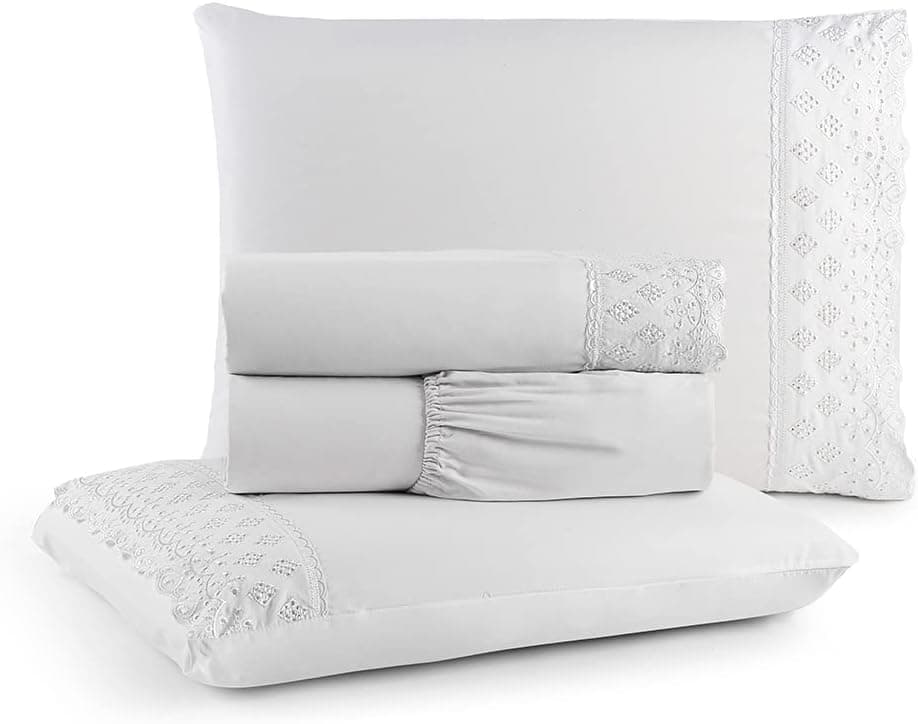 Jogo de Lençol King 4 Peças Napoli Percal 300 Fios Lese Bordado Inglês (Branco)