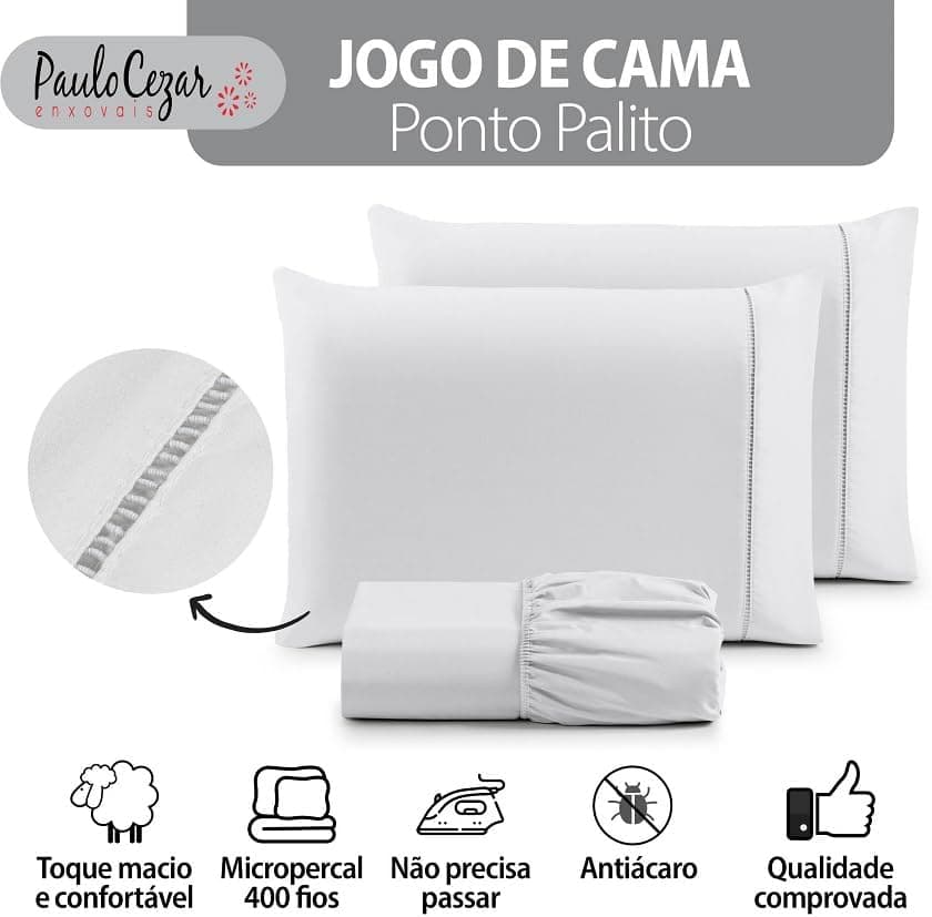 Jogo de Cama Queen Percal 400 Fios Ponto Palito 03 Peças, Antiácaro, Anti-pilling com Toque Macio - Branco - Imagem 3