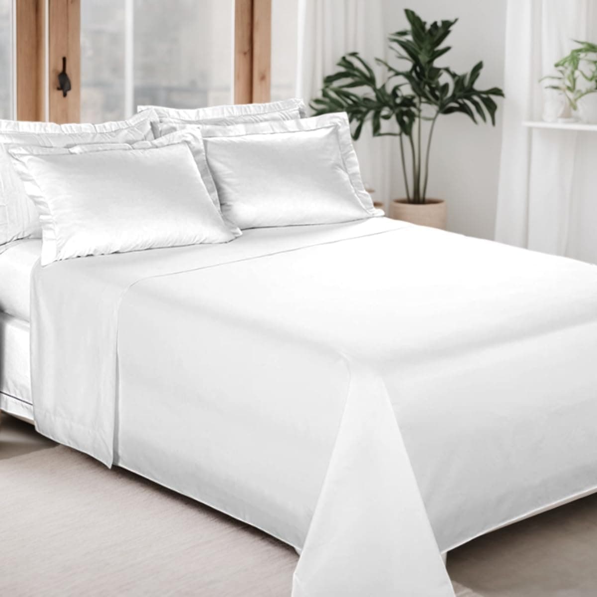 Jogo de Cama 300 FIOS, Liso, Lençol Percal 100% Algodão, 4 Peças - Bem Lunar (Branco, Queen)