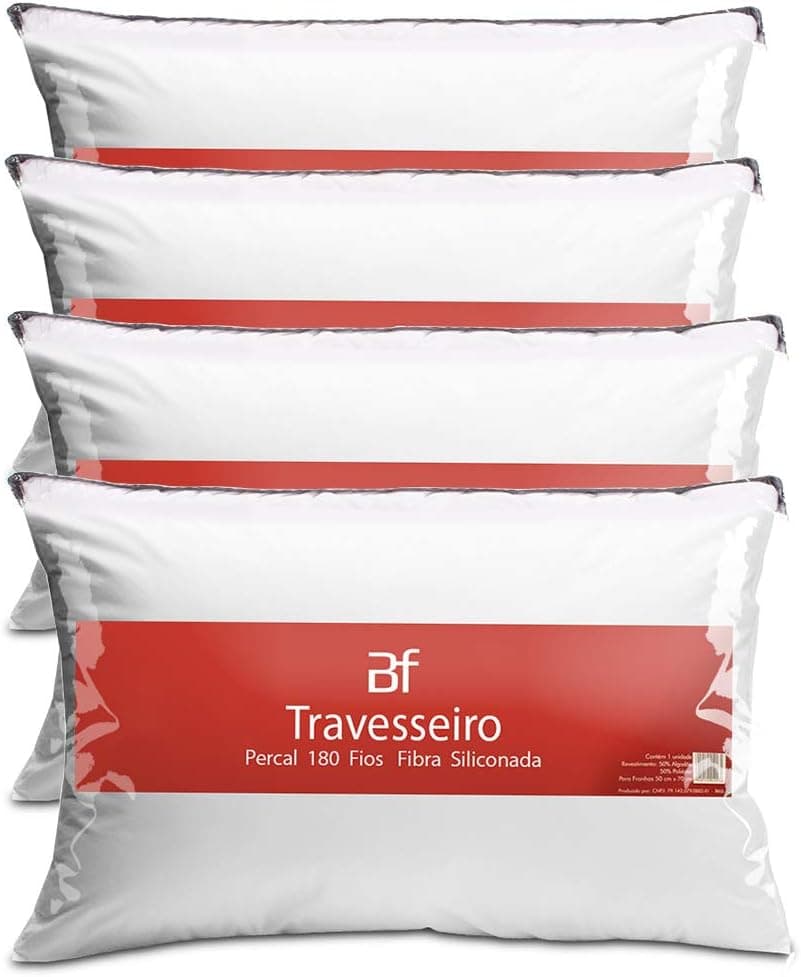 Kit 4 Travesseiro Antialérgico Percal 180 Fios Ecoplumas Fibra Siliconada Macio Lavável 50x70x14cm BF Colchões