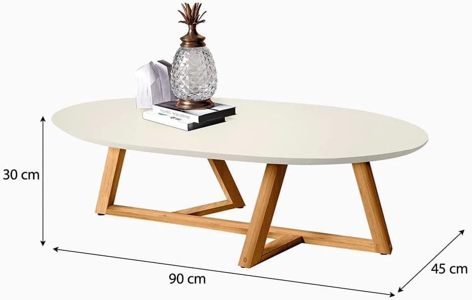 Mesa de Centro Sala Classic Oval com Pés em Madeira Maciça Off White/Amendoa - Imagem 3