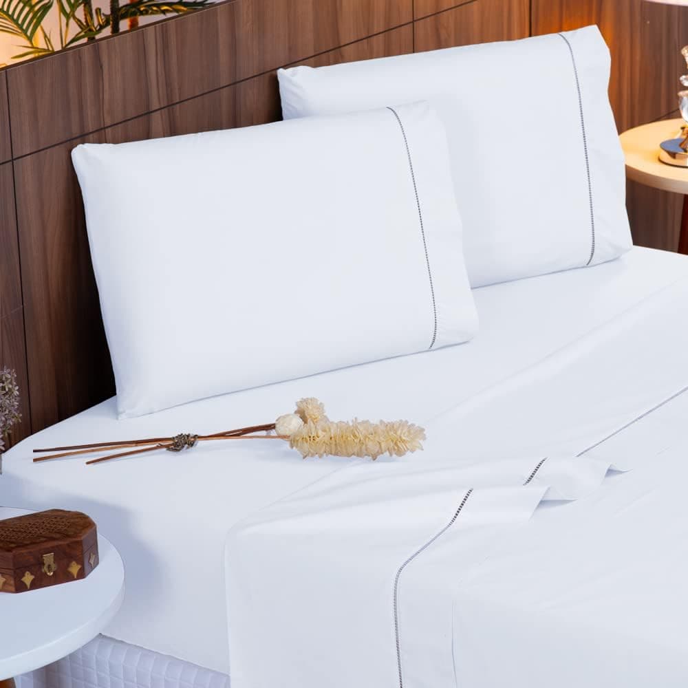Jogo Lençol Percal 400 Fios Ponto Palito Cama Queen 4 peças (Branco) - Imagem 3