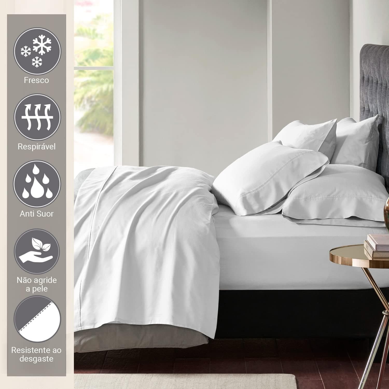 Pizuna Jogo de lençol queen 4 pecas algodao Branco, 400 fios de algodão 100% sateen de fibra longa conjunto lençol queen - Imagem 3