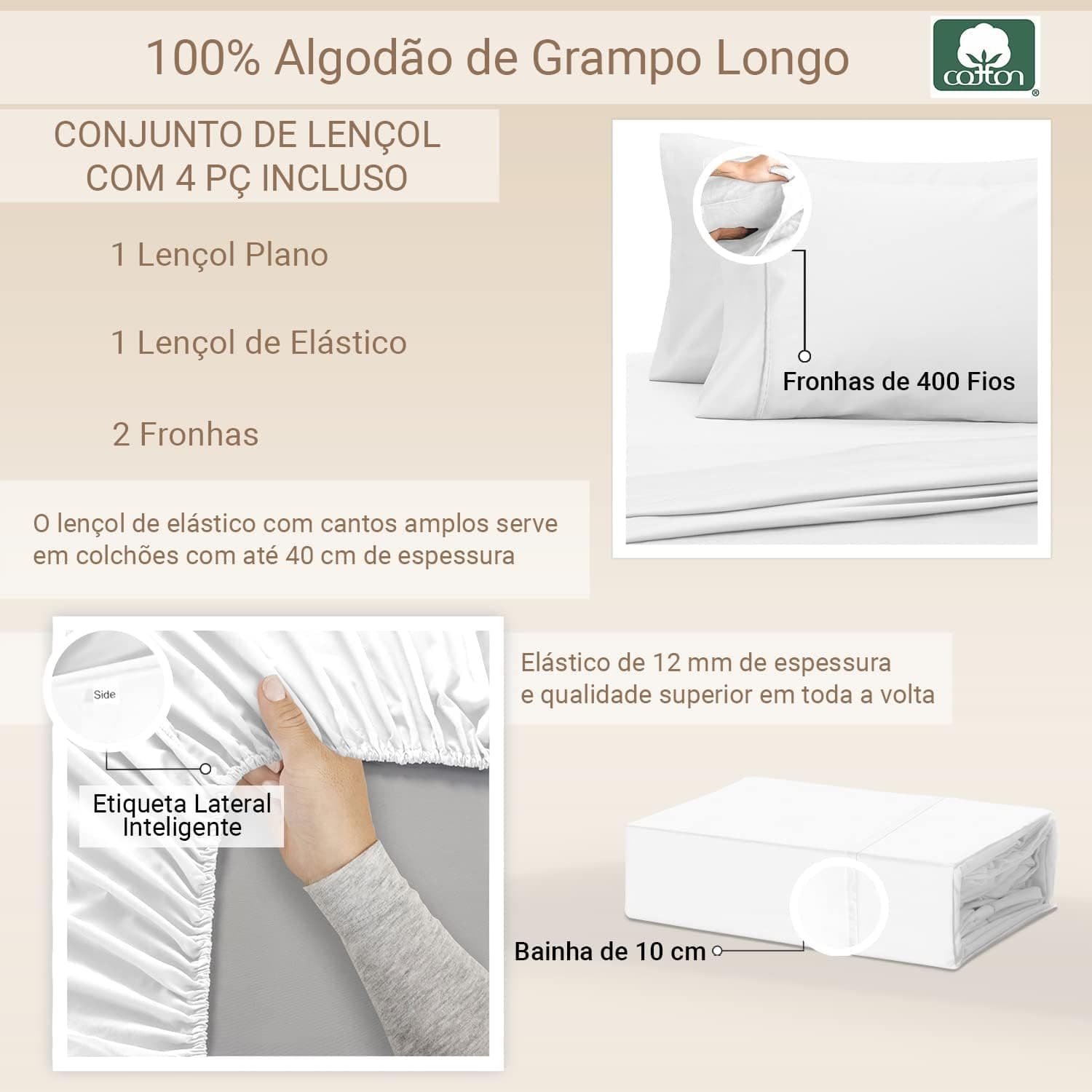 Pizuna Jogo de lençol queen 4 pecas algodao Branco, 400 fios de algodão 100% sateen de fibra longa conjunto lençol queen - Imagem 4