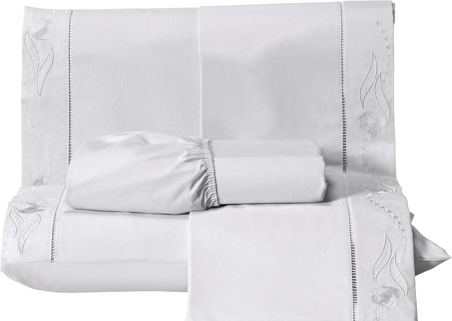 Jogo de Cama Lençol Com Elástico Casal Queen Bordado Ponto Palito Imperial Realeza 4 Peças 200 Fios Percal 100% Algodão (Branco) - Imagem 3