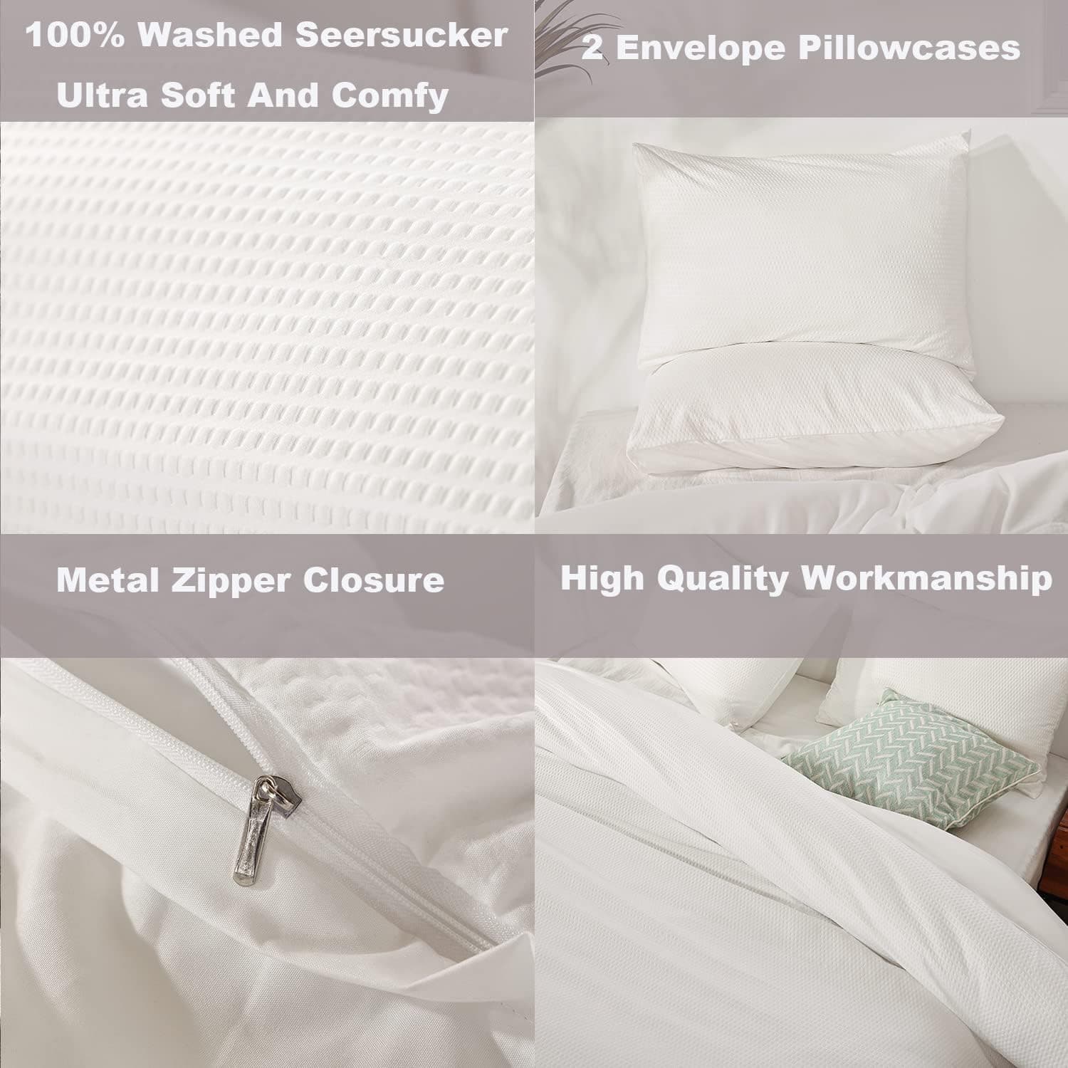 DuShow Capa de edredom Waffle King, capa de edredom branca macia Seersucker King, conjunto de cama branco 3 peças King, jogo de cama leve de luxo de hotel com fecho de zíper, laços de canto - Imagem 4