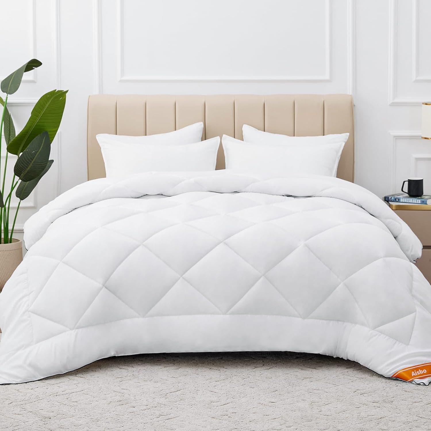 Aisbo Enchimento de edredom fofo Queen - enchimento de edredom tamanho Queen branco para todas as estações, edredom macio e leve com torneiras de canto, 223 x 223 cm - Imagem 3