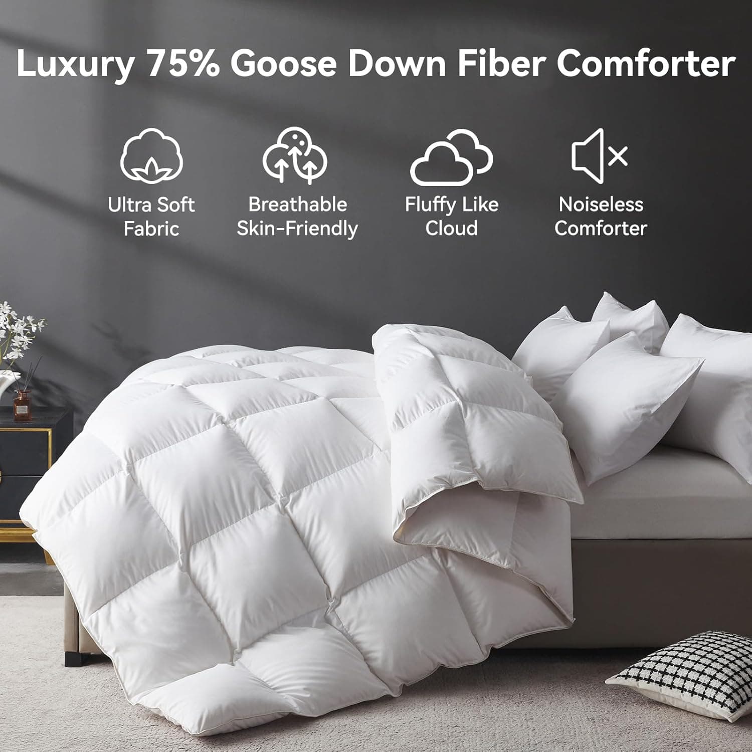 L LOVSOUL Edredom de penugem de ganso tamanho king grande, 850+ Fill Power estilo hotel, 1200TC, enchimento de edredom branco macio para todas as estações com 8 abas de canto - Imagem 3