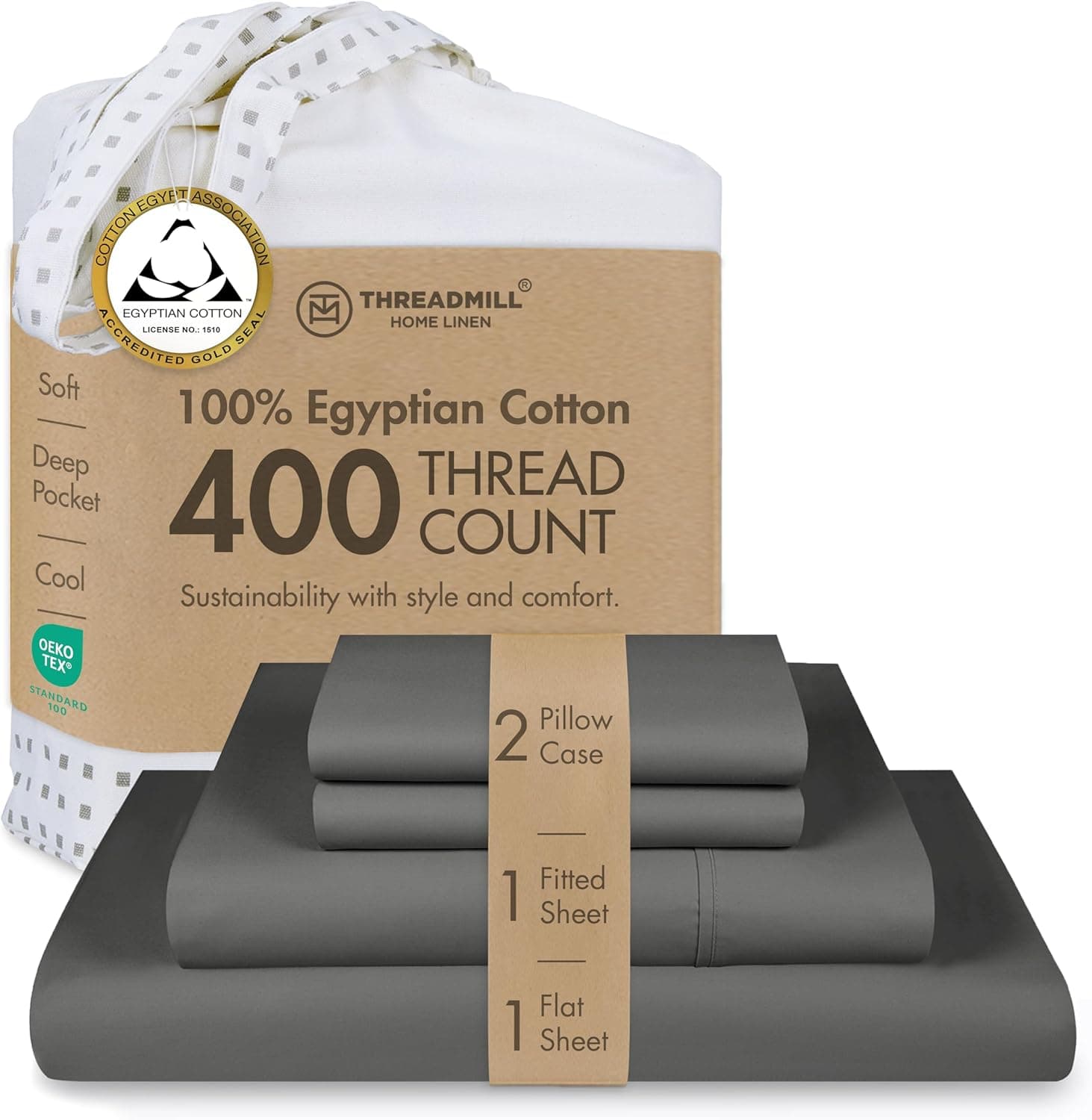 Conjunto de lençóis de 400 fios de linho para casa Threadmill 100% algodão, 4 peças de elástico, serve para colchões de até 45 cm de profundidade acetinado sólido, tamanho king branco da, Dark Grey, Full