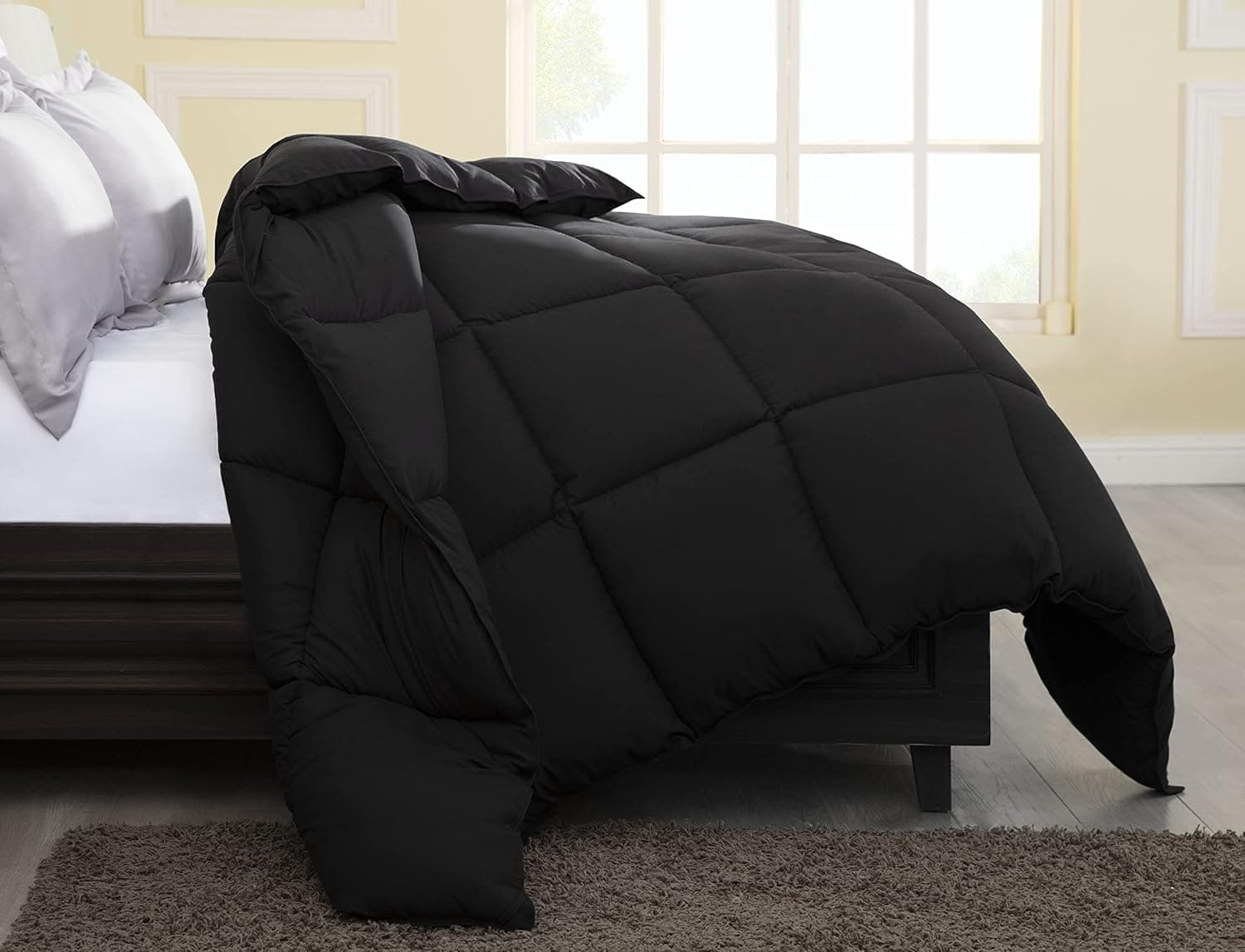 Enchimento de edredom alternativo Chezmoi Collection White Down - abas de canto, costura dupla, bordas caneladas, fibra siliconizada, protege contra ácaros de poeira, hipoalergênico, sem alergias, Preto, Oversized King - Imagem 3