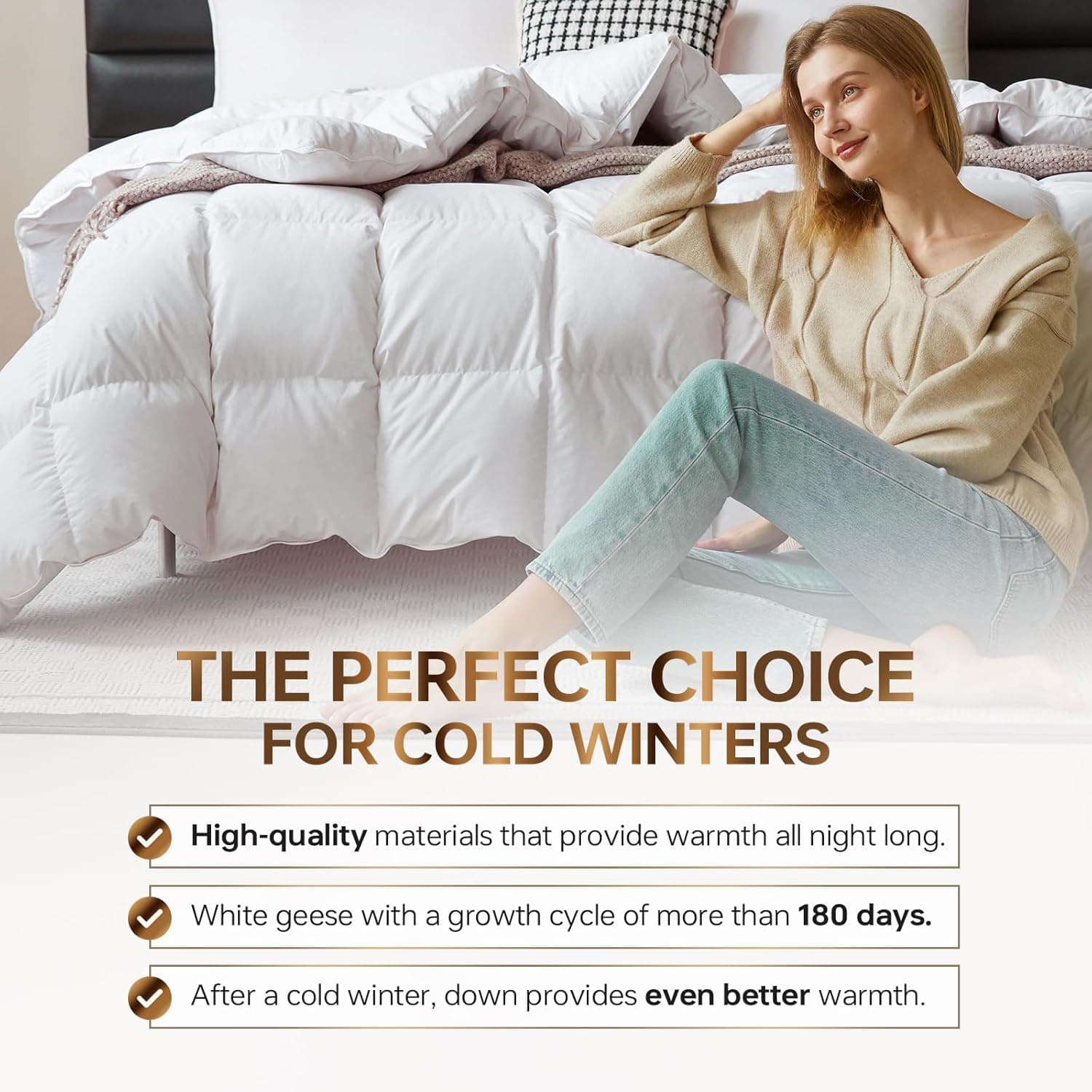 C&W Edredom Queen de pluma de ganso branco, enchimento de edredom 228 x 228 cm, peso de enchimento de 1,417 g, potência de enchimento 750, capa de edredom 100% algodão, macio, caixa defletora 3D - Imagem 4