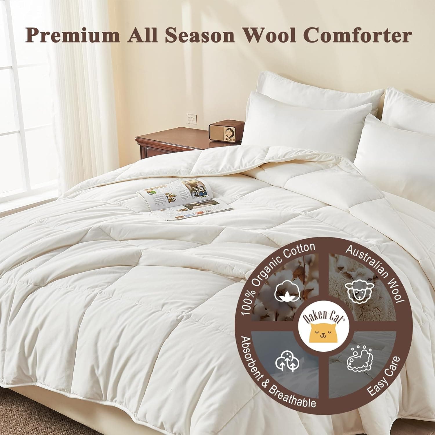 Capa de edredom 100% algodão orgânico - enchimento de edredom King Size, cobertor de lã lavável na máquina, edredom leve para todas as estações (branco, 269 x 228 cm) - Imagem 4