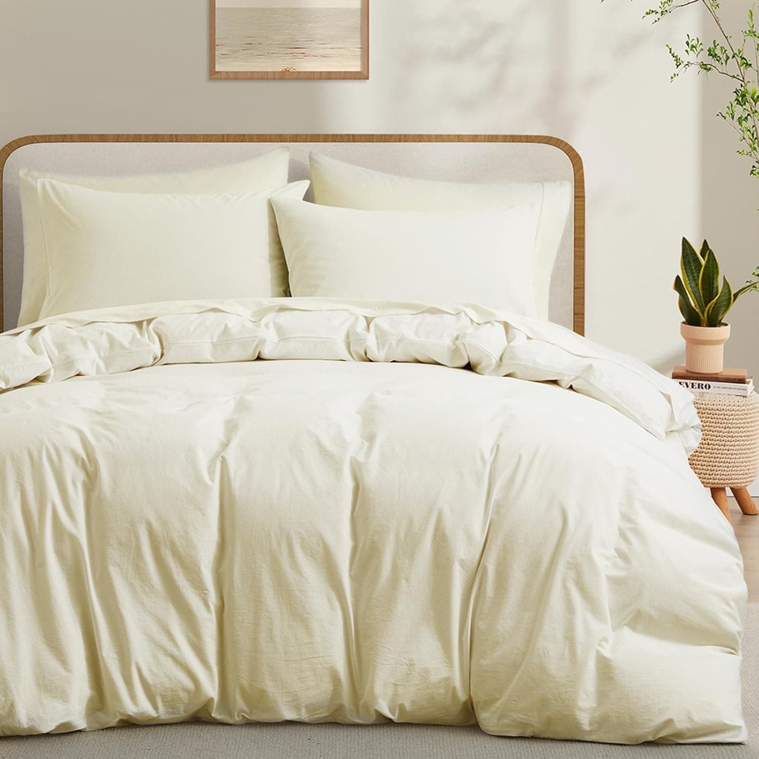 LOVQUE Capa de edredom de algodão branco creme, tamanho king, conjunto de cama natural semelhante a linho com fecho de zíper (sem edredom), tamanho king, capa de edredom (264 x 228 cm) x 1, fronha (51