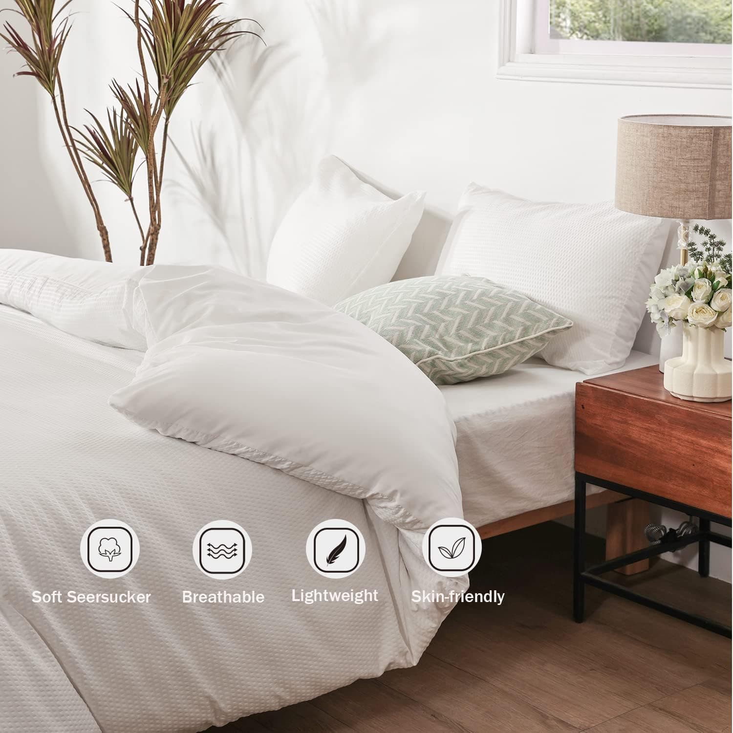 DuShow Capa de edredom Waffle King, capa de edredom branca macia Seersucker King, conjunto de cama branco 3 peças King, jogo de cama leve de luxo de hotel com fecho de zíper, laços de canto - Imagem 3