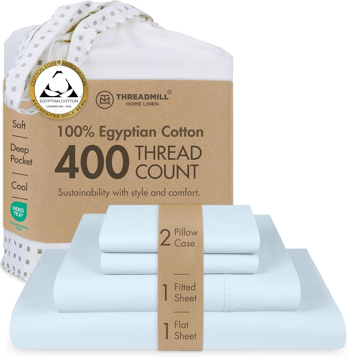 Conjunto de lençóis de 400 fios de linho para casa Threadmill 100% algodão, 4 peças de elástico, serve para colchões de até 45 cm de profundidade acetinado sólido, tamanho king branco da, Azul, Queen