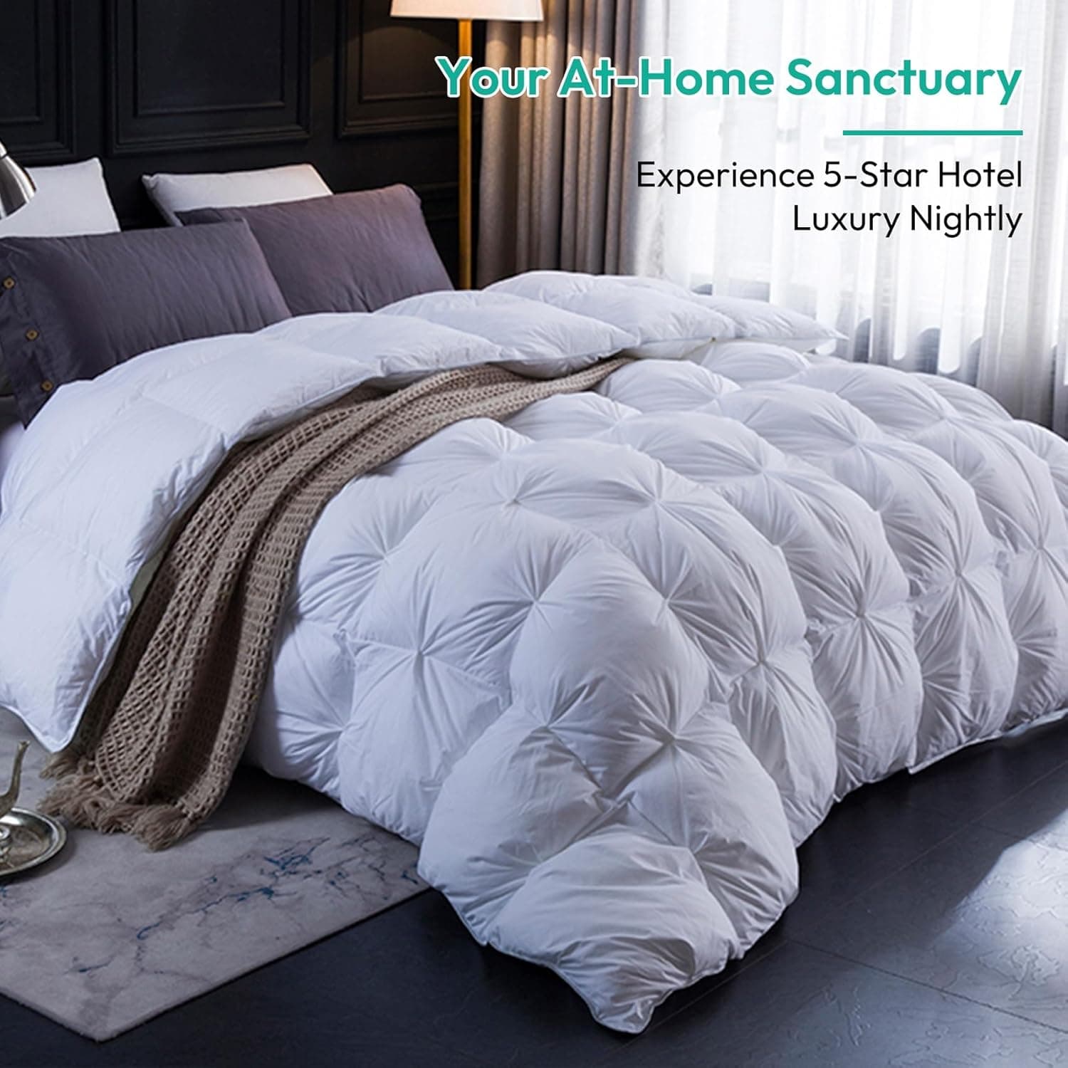 Three Geese Edredom de penas de ganso com pregas e penas de ganso king size, enchimento de 750+, tecido 100% algodão 1200 fios, edredom branco premium para todas as estações com 8 abas - Imagem 3