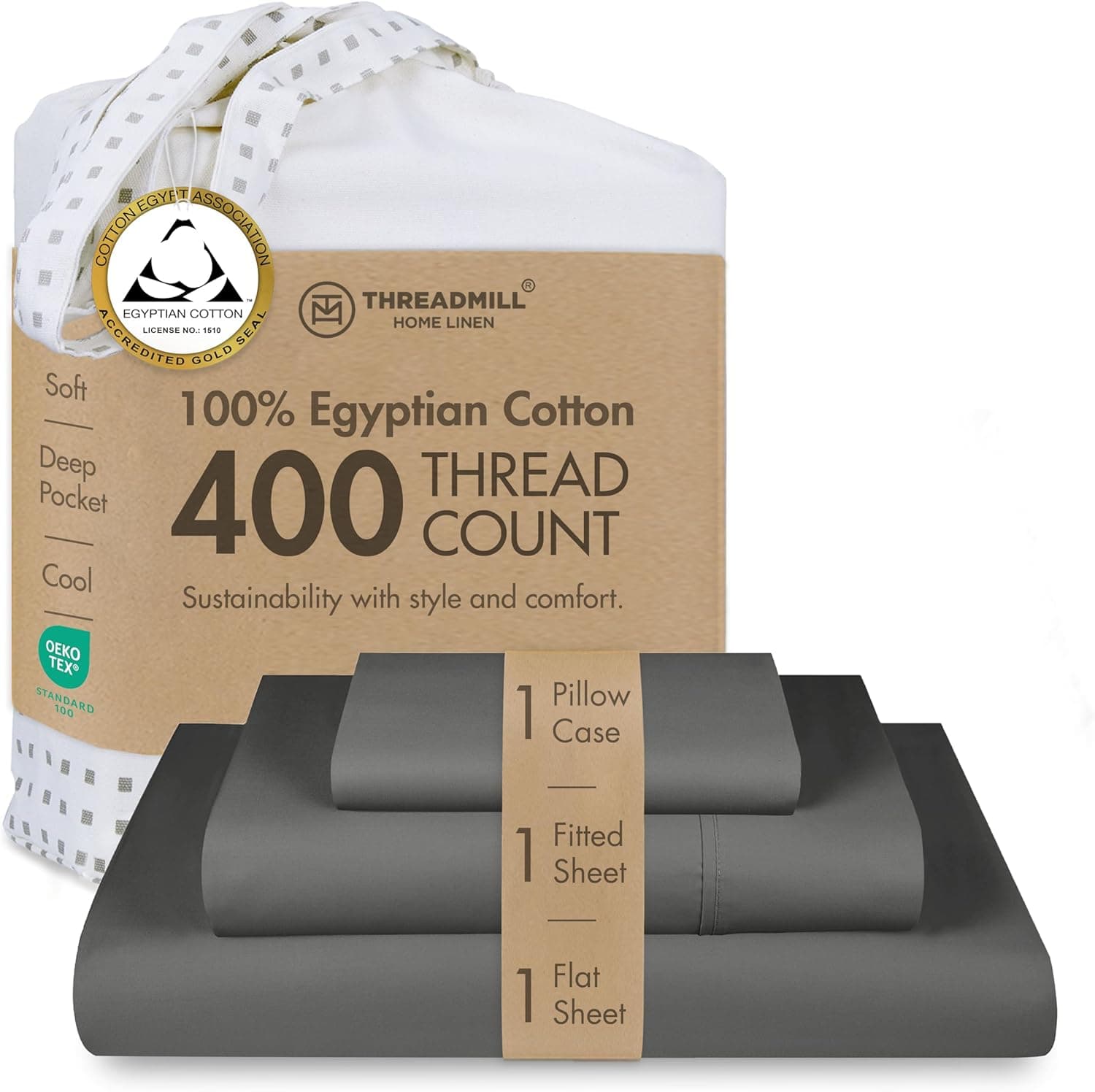 Conjunto de lençóis de 400 fios de linho para casa Threadmill 100% algodão, 4 peças de elástico, serve para colchões de até 45 cm de profundidade acetinado sólido, tamanho king branco da, Dark Grey, Twin XL