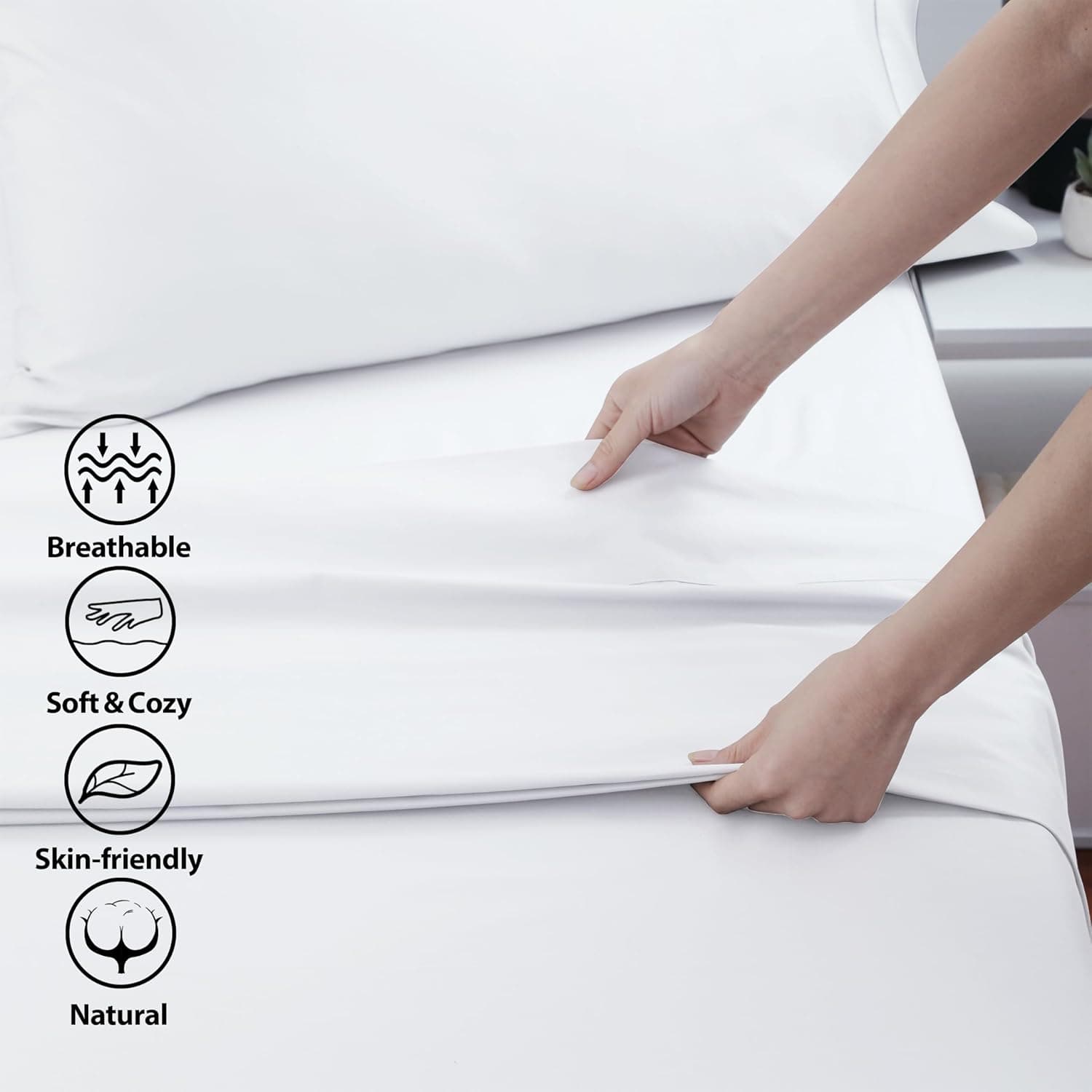 Lençol Queen de algodão, 600 fios, 100% algodão egípcio, 1 peça, lençol de cima plano fresco e respirável, resistente a rugas, desbotamento, manchas (Queen White) - Imagem 4