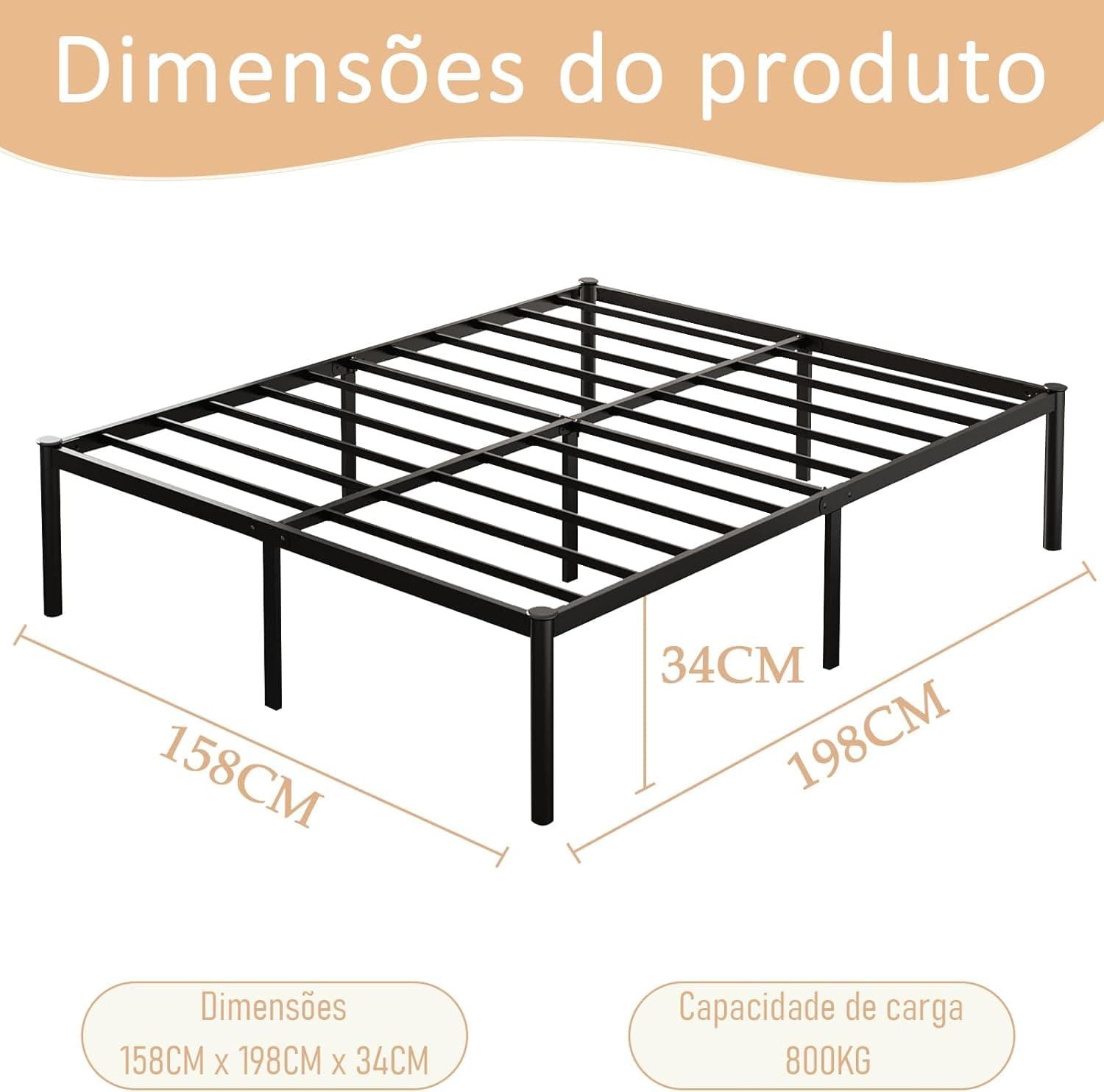 Estrutura De Cama De Metal, Não Precisa de Box Spring,Com Espaço De Armazenamen Cor Preto (QUEEN) - Imagem 4