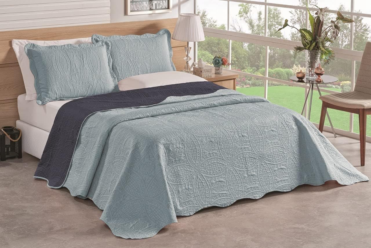 Colcha Bouti Cobre Leito Tecido Liso Dupla Face Casal King 03 Peças Azul