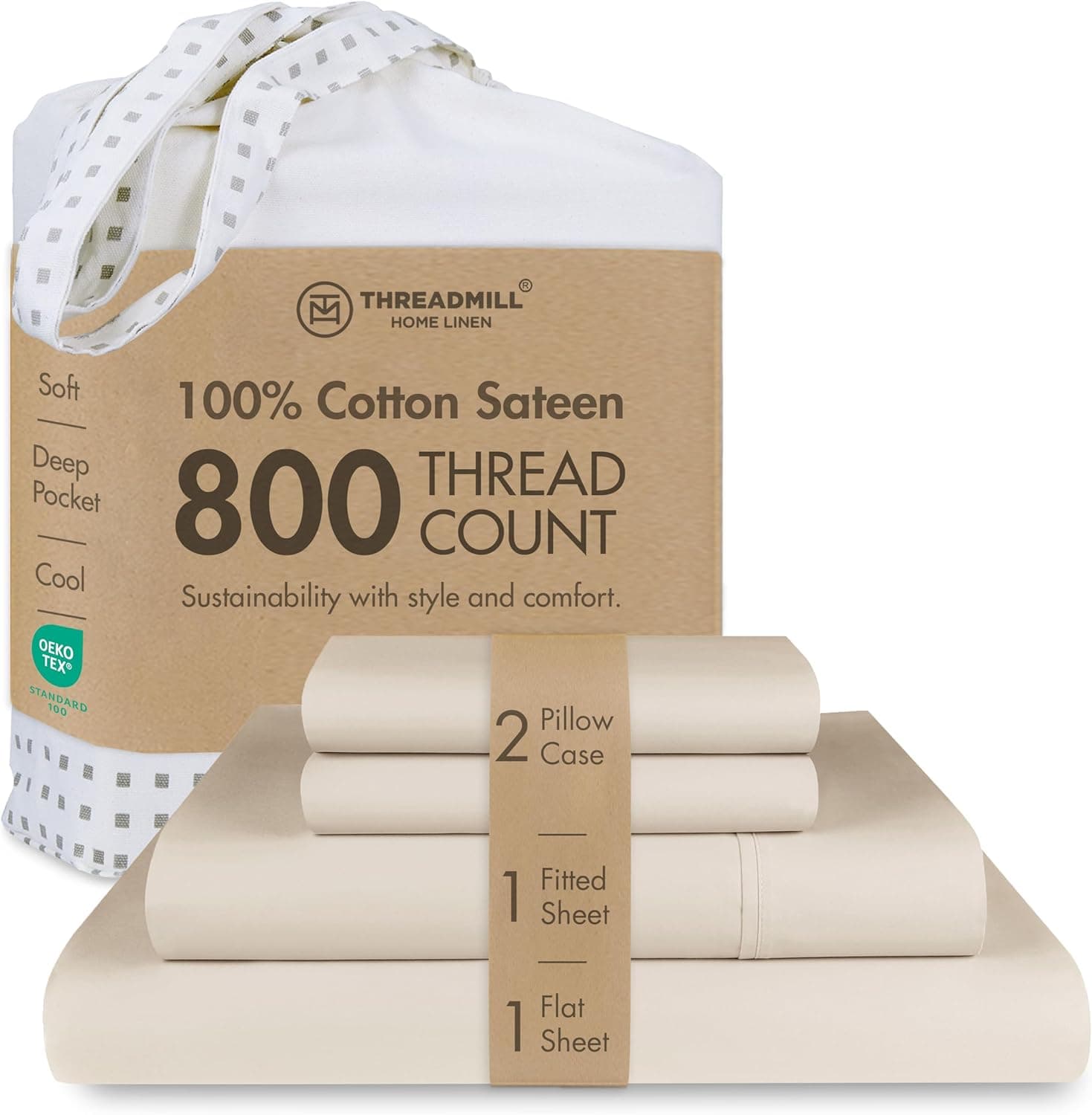 Conjunto de lençóis de cetim sólido de algodão 100% ELS da Threadmill Home Bedding 800 fios, roupa de cama de luxo, conjunto de 4 peças, lençóis de cama, trama acetinada suave, king, branco, Bege, Queen