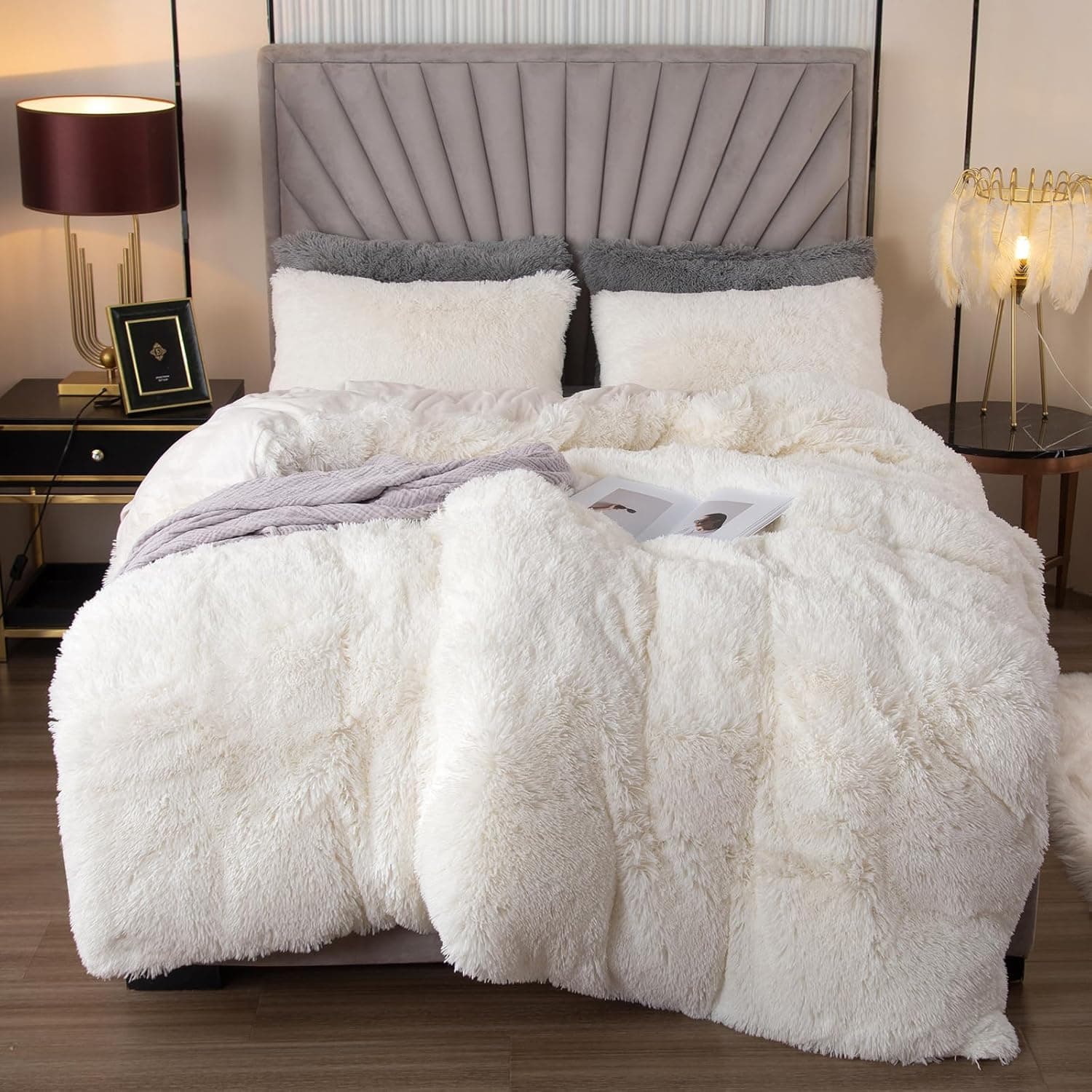 EMME Conjunto de capa de edredom de luxo branco felpudo King Size 3 peças para cama king size, capas de edredom macias e macias (branco, King) - Imagem 2
