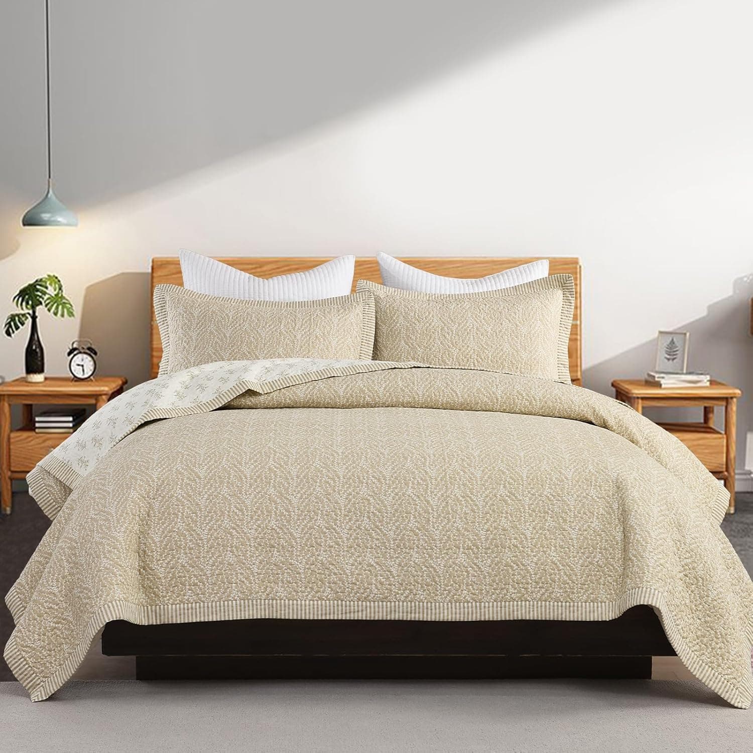 EWlinens Colchas King Size 100% algodão – Conjunto de cama King reversível, leve botânico, acolchoado para todas as estações, colcha macia de cor sólida para cama king, branco/aveia, 3 peças