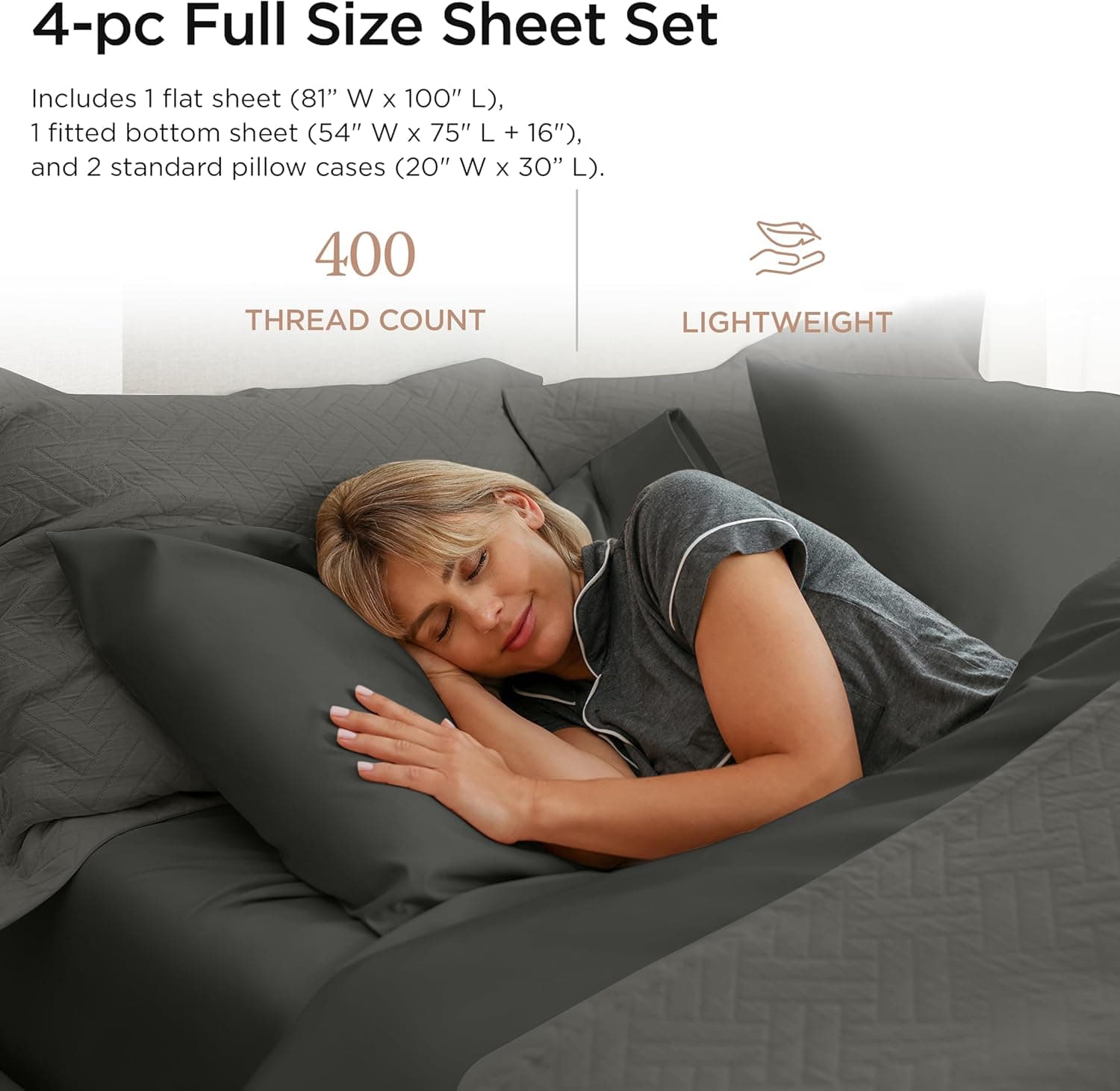 Conjunto de lençóis de 400 fios de linho para casa Threadmill 100% algodão, 4 peças de elástico, serve para colchões de até 45 cm de profundidade acetinado sólido, tamanho king branco da, Dark Grey, Full - Imagem 3