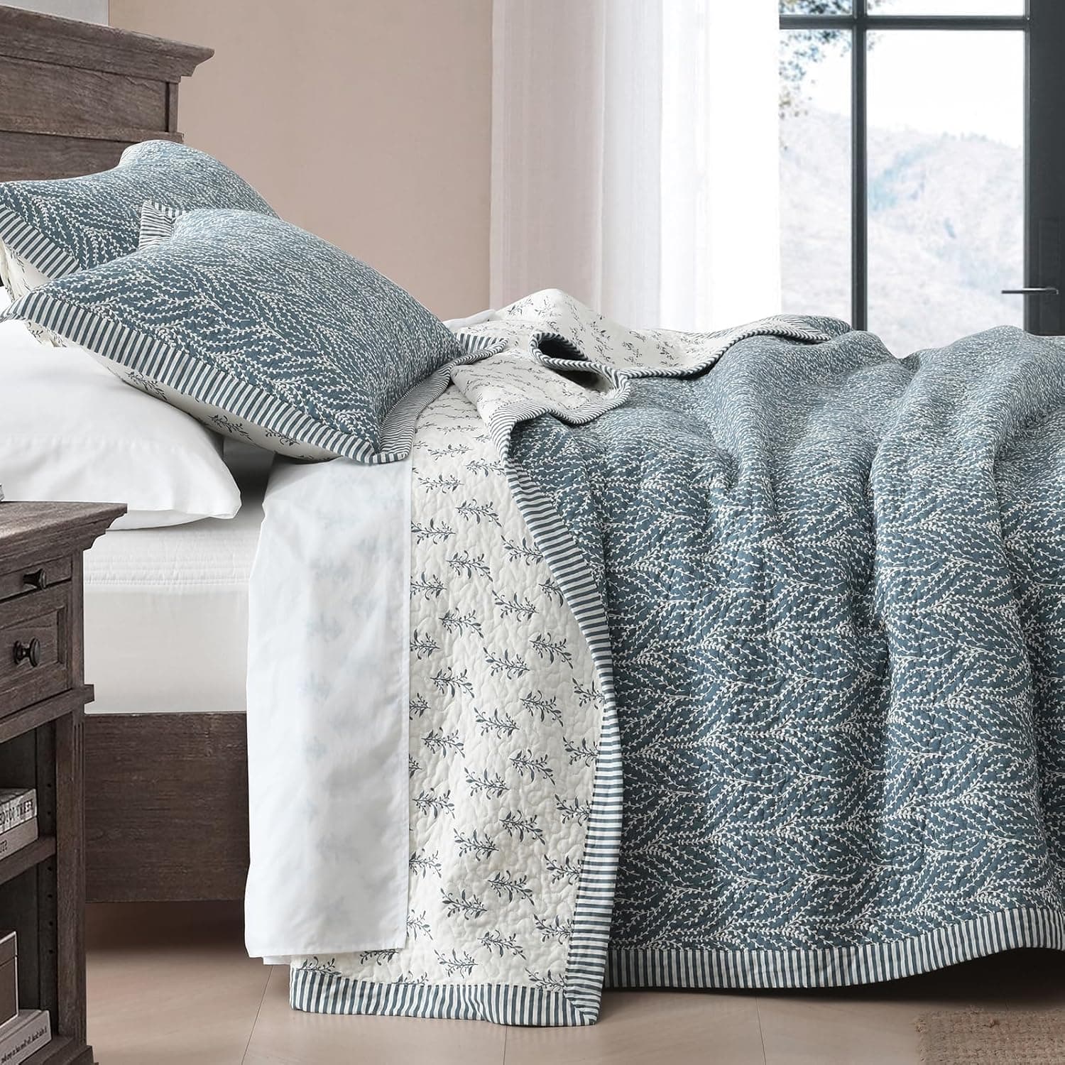 DDUOXIN Conjunto de colcha King 100% algodão – Colcha King macia reversível com 2 fronhas, colcha king size estilo botânico, conjunto de cama king leve, branco/azul acinzentado, king