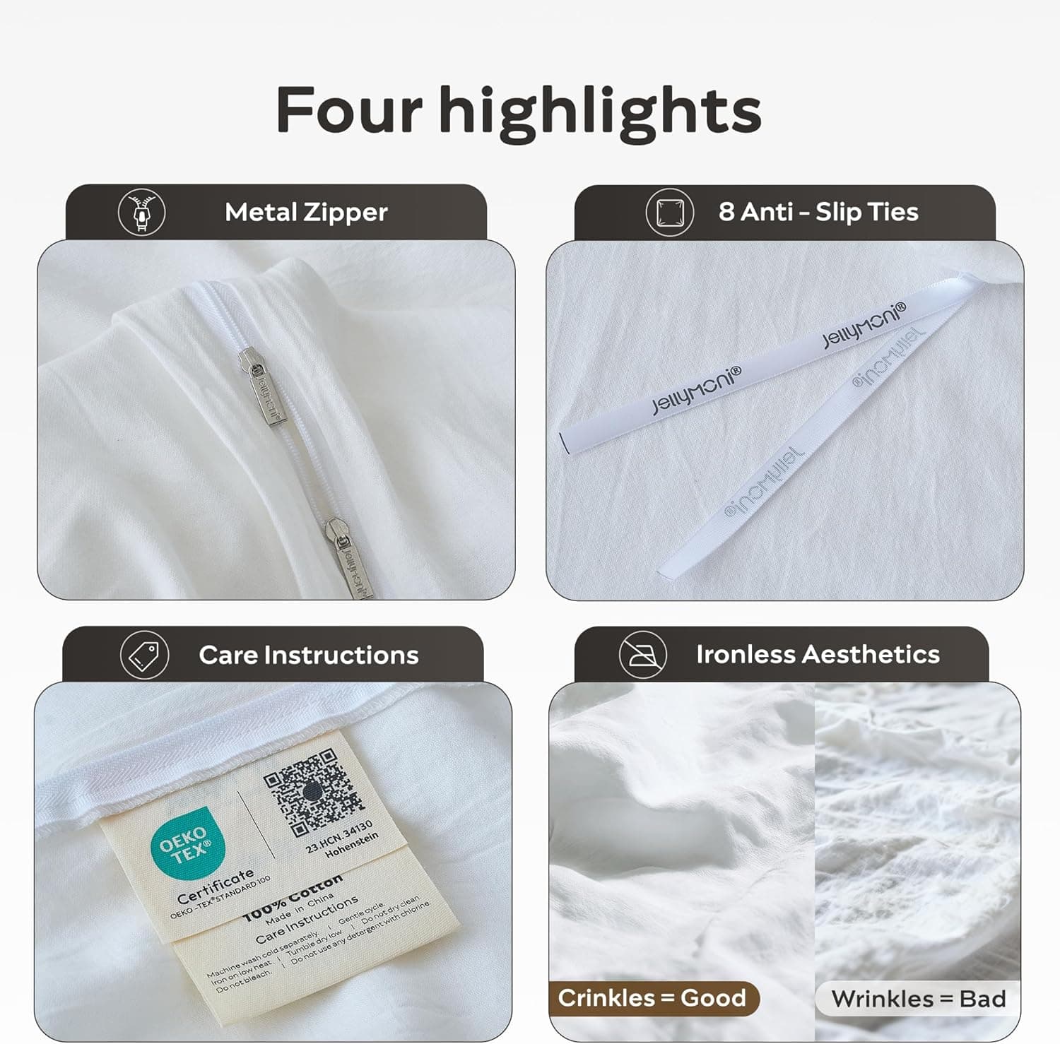 JELLYMONI Capa de edredom branca California King - 100% algodão lavado, sensação de linho, texturizada, leve, refrescante, conjunto de 3 peças de cama macio com fecho de zíper (branco, Cal King 264 x - Imagem 4