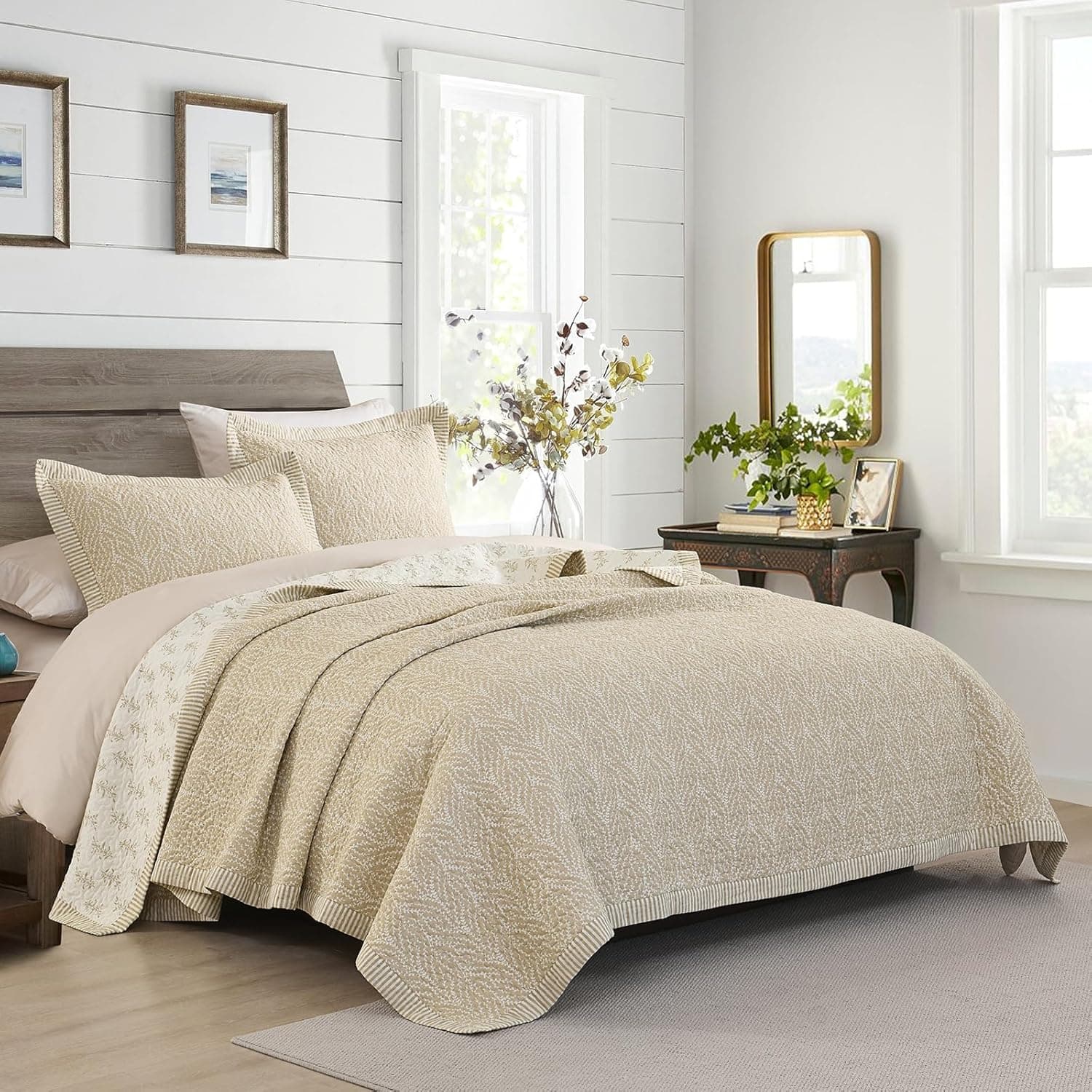 EWlinens Colchas King Size 100% algodão – Conjunto de cama King reversível, leve botânico, acolchoado para todas as estações, colcha macia de cor sólida para cama king, branco/aveia, 3 peças - Imagem 3