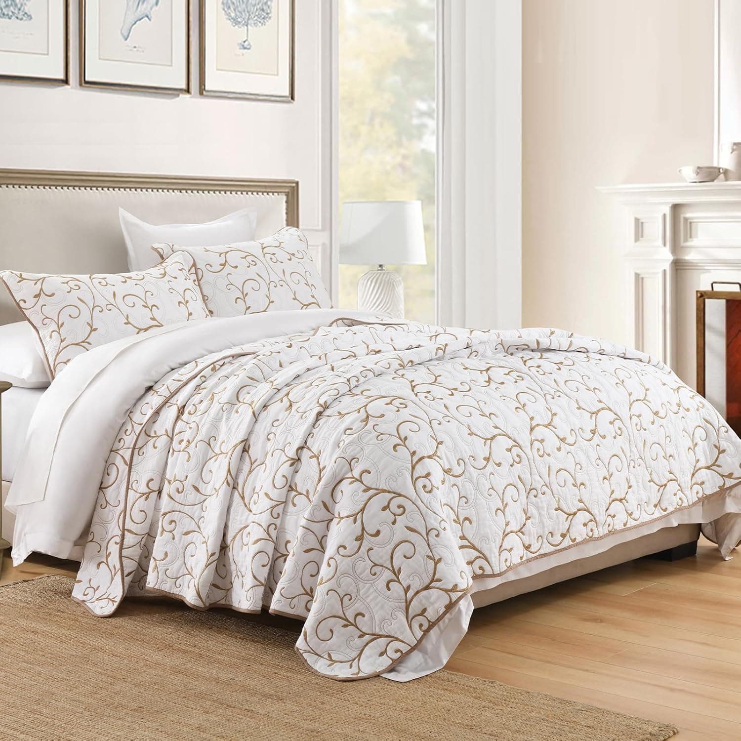 DDUOXIN Conjunto de colcha King 100% algodão – Colcha King bordada, vintage, com 2 fronhas, estilo botânico, leve, 3 peças, branco marfim, bege, king - Imagem 3