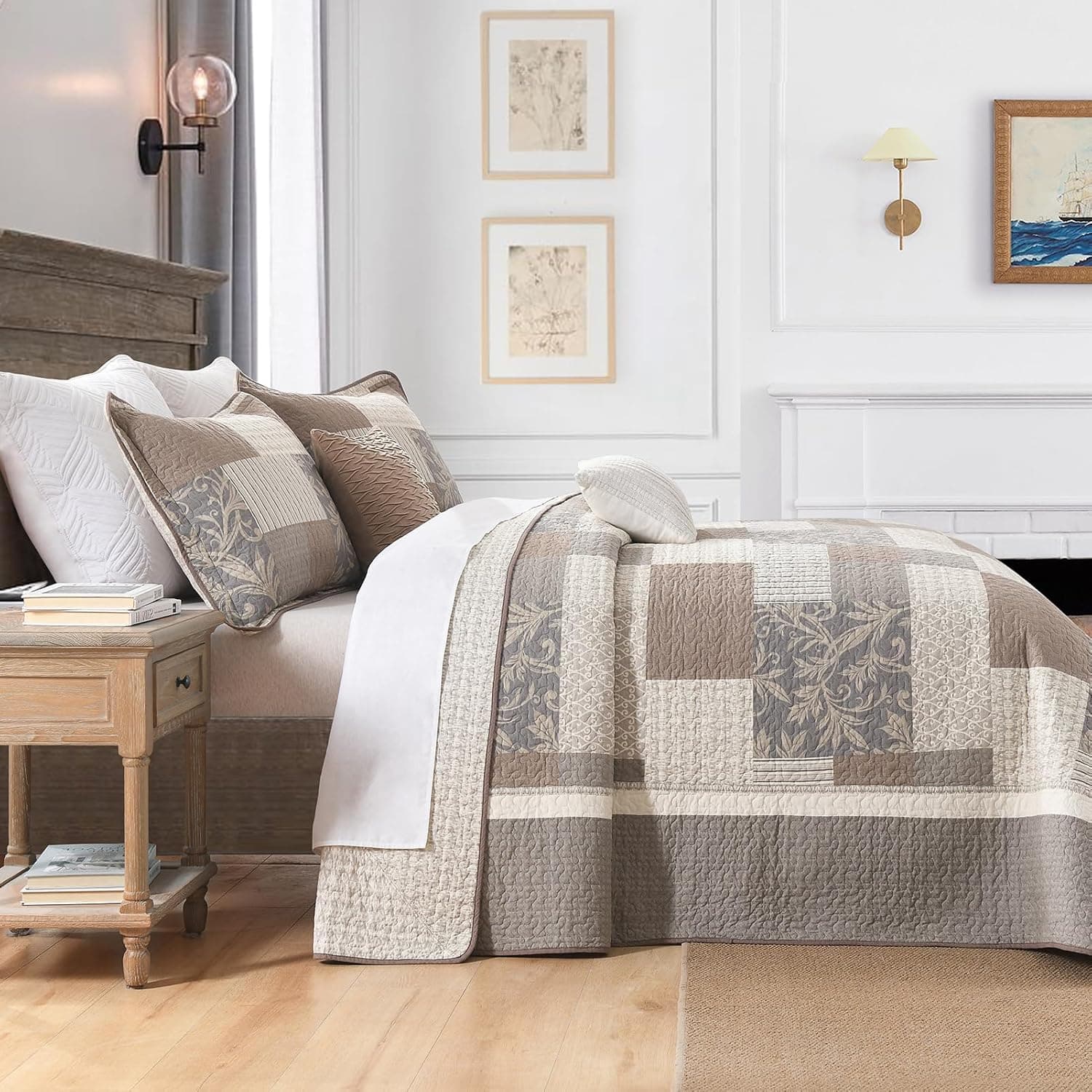 Colchas King extragrandes Farmhouse, 325 x 304 cm, 100% algodão, xadrez, extragrande, com 2 fronhas, colcha acolchoada leve e reversível, cinza/bege/marrom - Imagem 4