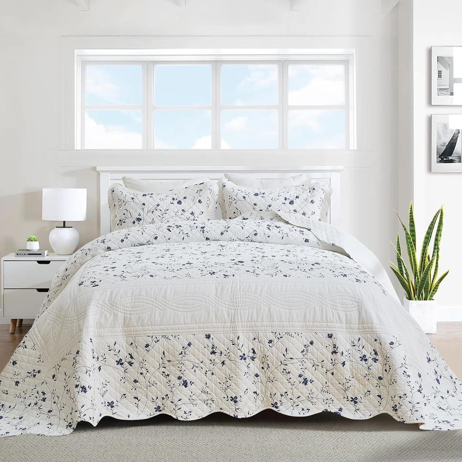 DDUOXIN Colcha King leve 304.8 cm x 304.8 cm - 100% algodão reversível grande colcha king com 2 fronhas, conjunto de colcha botânica floral, azul/branco, 3 peças