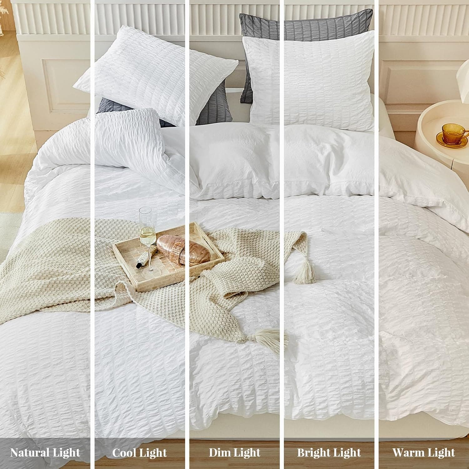 WARMDERN Conjunto de capa de edredom tamanho king, conjunto de cama branco de microfibra lavada, macio, respirável, listrado, texturizado, capa de edredom com fecho de zíper e laços de canto (branco, - Imagem 4