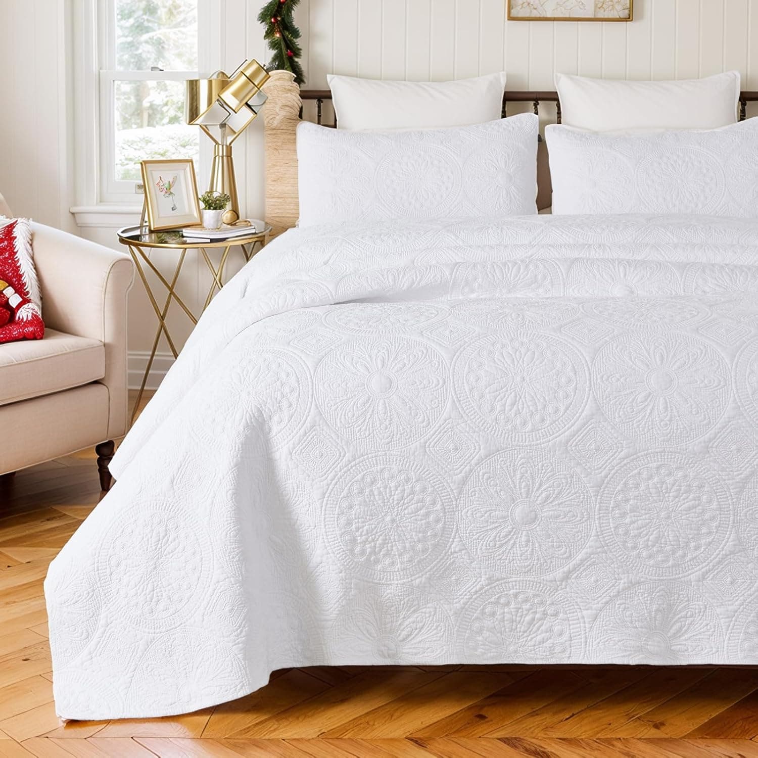Brandream Conjunto de colcha branca de luxo, tamanho Queen, 100% algodão, boêmio, medalhão, matelassa, conjunto de 3 peças