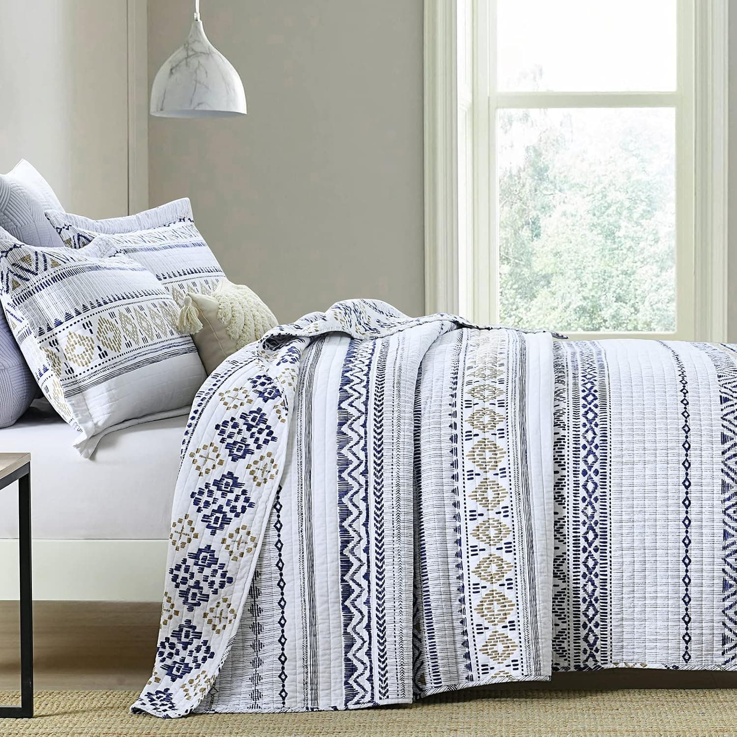 SahSahCasa Colcha King Size, Conjunto de Colcha King, Colcha Boho 100% Algodão, Colchas King Colchas Listradas Leve Reversíveis Boêmio para Todas as Estações, Branco/Marinho/Bege - Imagem 4