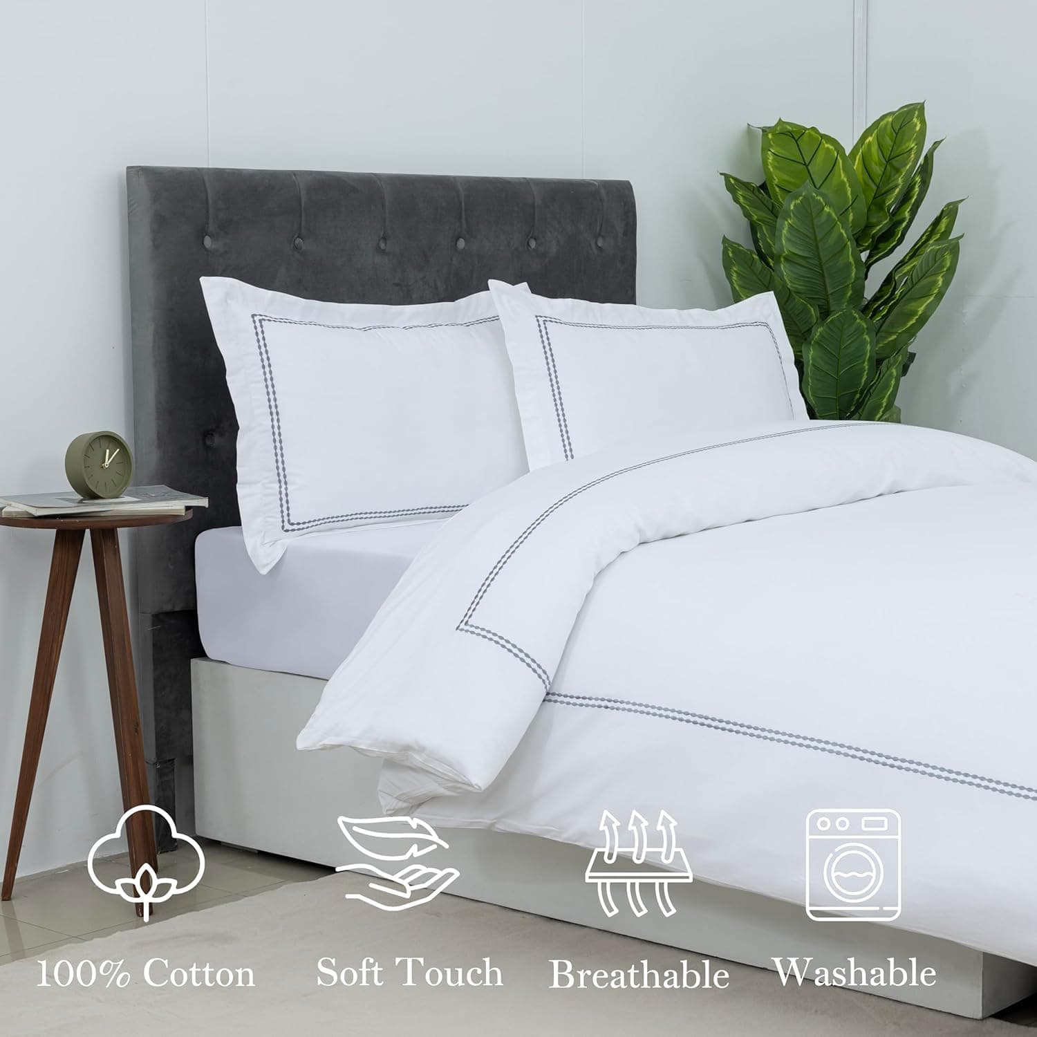 Dreamology Capa de edredom branca tamanho Queen – Conjunto de cama extra macio de 3 peças, inclui 1 capa de edredom bordada 224 x 232 cm com fecho de zíper e 2 fronhas, edredom não incluído, cinza - Imagem 4