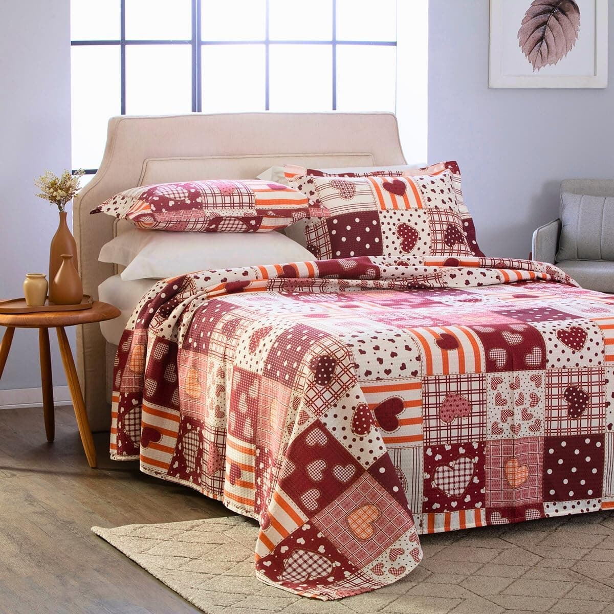 Colcha Piquet Firenze Estampada King– Leveza, Estilo e Qualidade Acompanha 2 Porta Travesseiro Tamanho 2,40x2,80 (Coracao Patchwork)