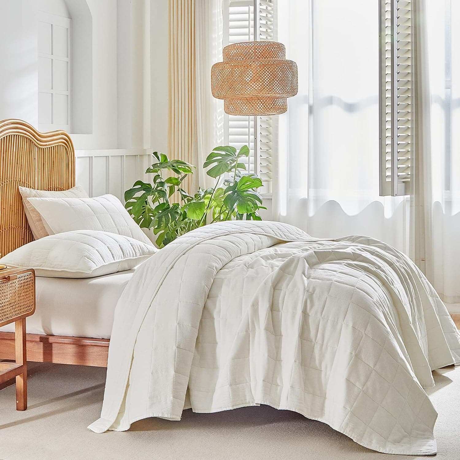 WARMDERN Conjunto de colchas de linho e algodão, tamanho king, 100% algodão, branco, com costura em caixa, 3 colchas macias e leves com 2 fronhas para todas as estações, branco, 269 x 244 cm - Imagem 4