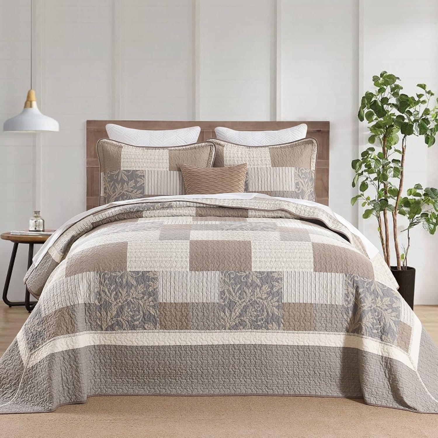 Colchas King extragrandes Farmhouse, 325 x 304 cm, 100% algodão, xadrez, extragrande, com 2 fronhas, colcha acolchoada leve e reversível, cinza/bege/marrom