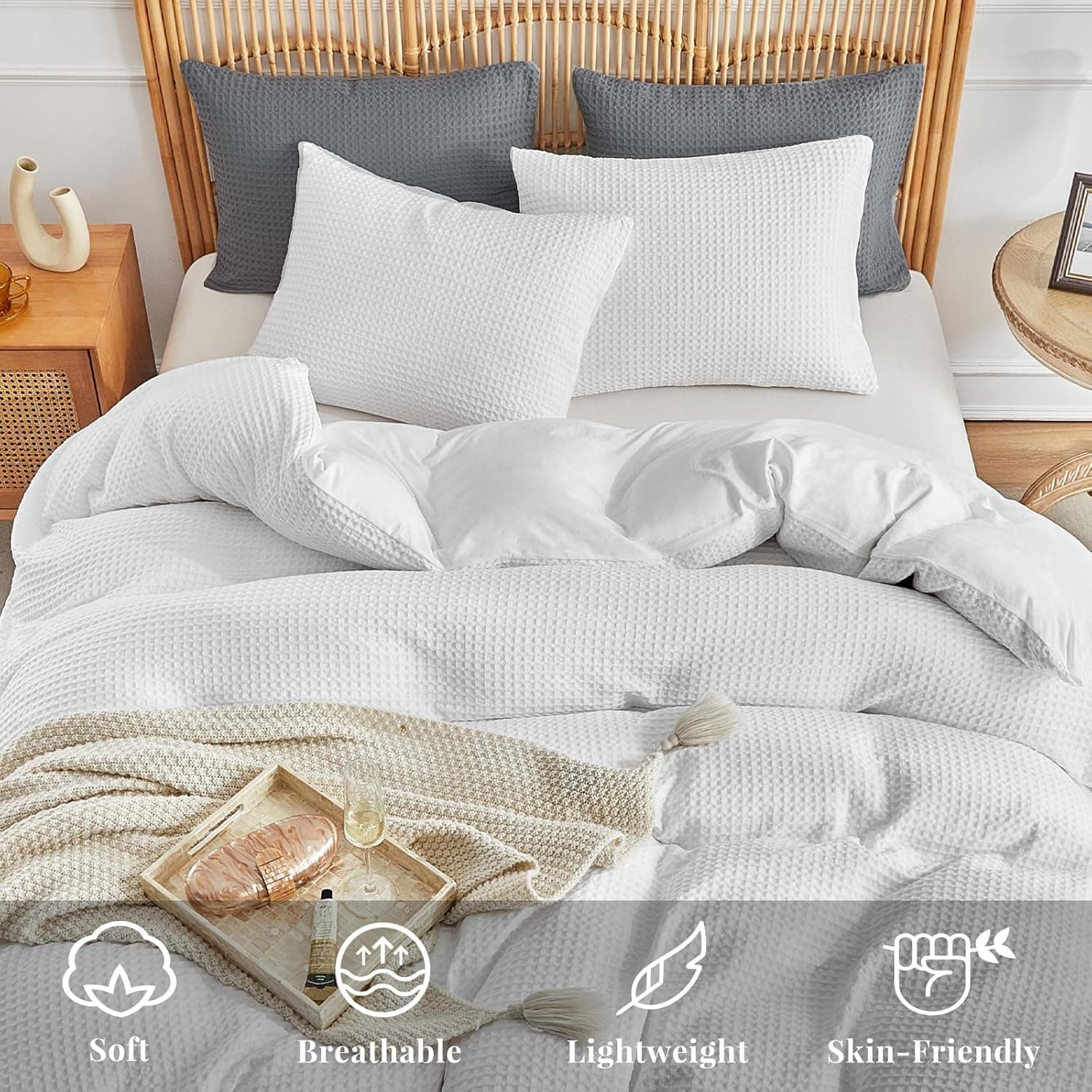 WARMDERN Jogo de capa de edredom com tecido waffle king, branco texturizado, macio e respirável, 3 peças de microfibra para todas as estações (branco, King) - Imagem 3