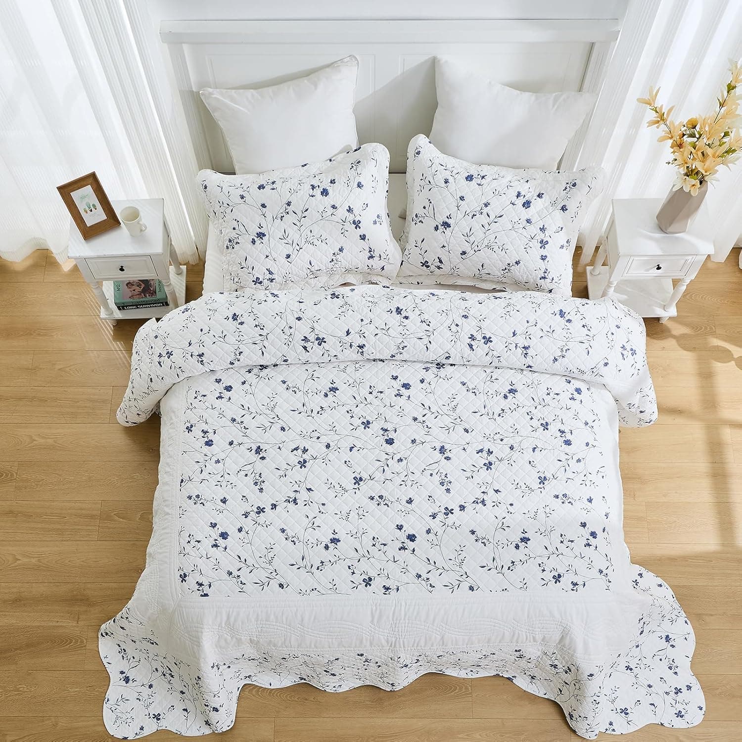 DDUOXIN Colcha King leve 304.8 cm x 304.8 cm - 100% algodão reversível grande colcha king com 2 fronhas, conjunto de colcha botânica floral, azul/branco, 3 peças - Imagem 4