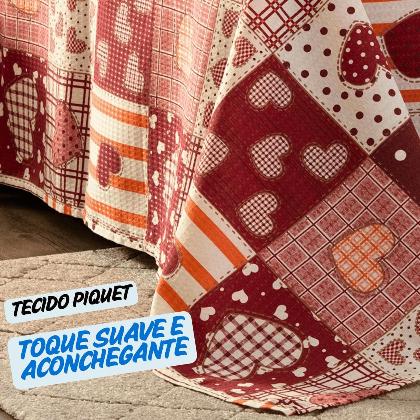 Colcha Piquet Firenze Estampada King– Leveza, Estilo e Qualidade Acompanha 2 Porta Travesseiro Tamanho 2,40x2,80 (Coracao Patchwork) - Imagem 4