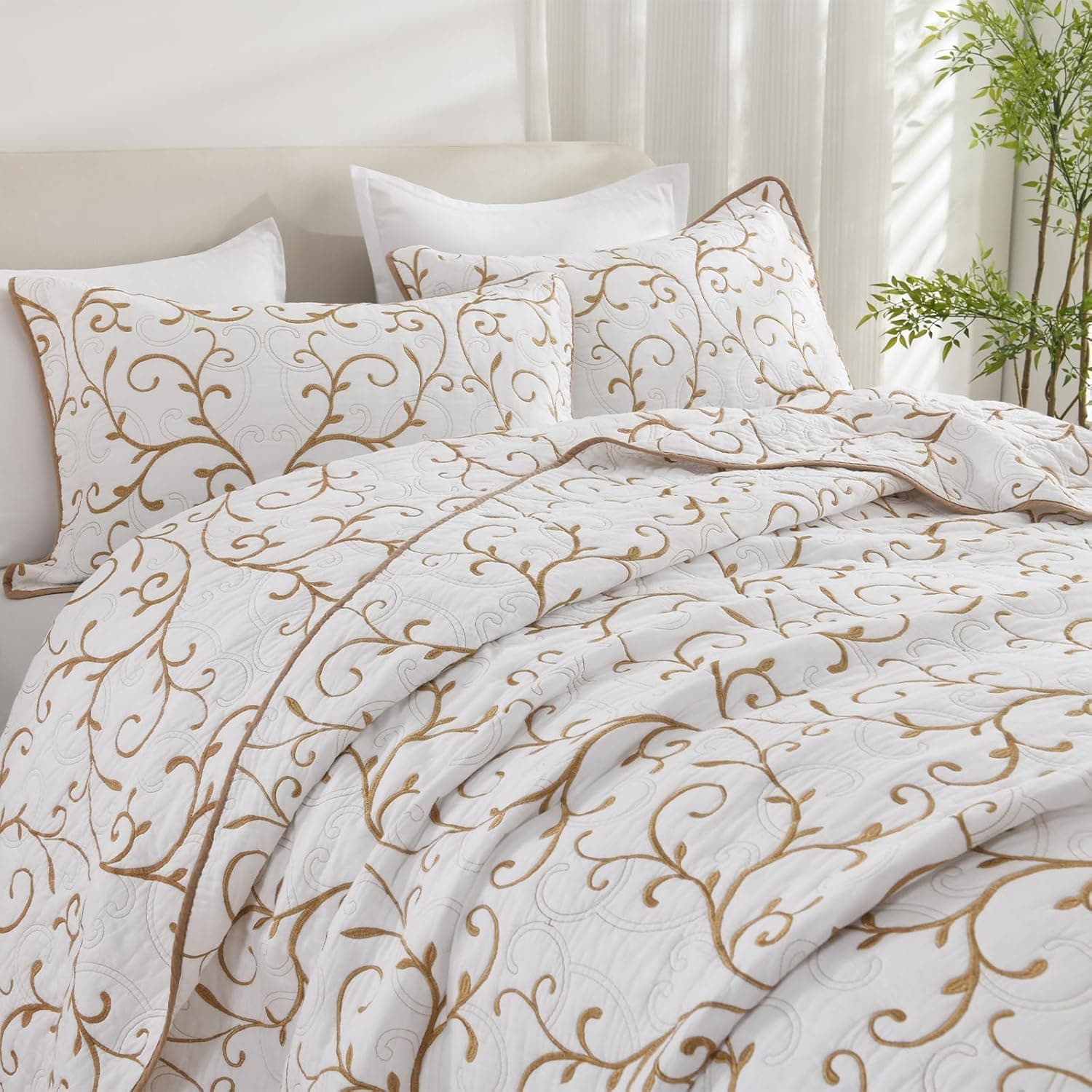 DDUOXIN Conjunto de colcha King 100% algodão – Colcha King bordada, vintage, com 2 fronhas, estilo botânico, leve, 3 peças, branco marfim, bege, king - Imagem 4