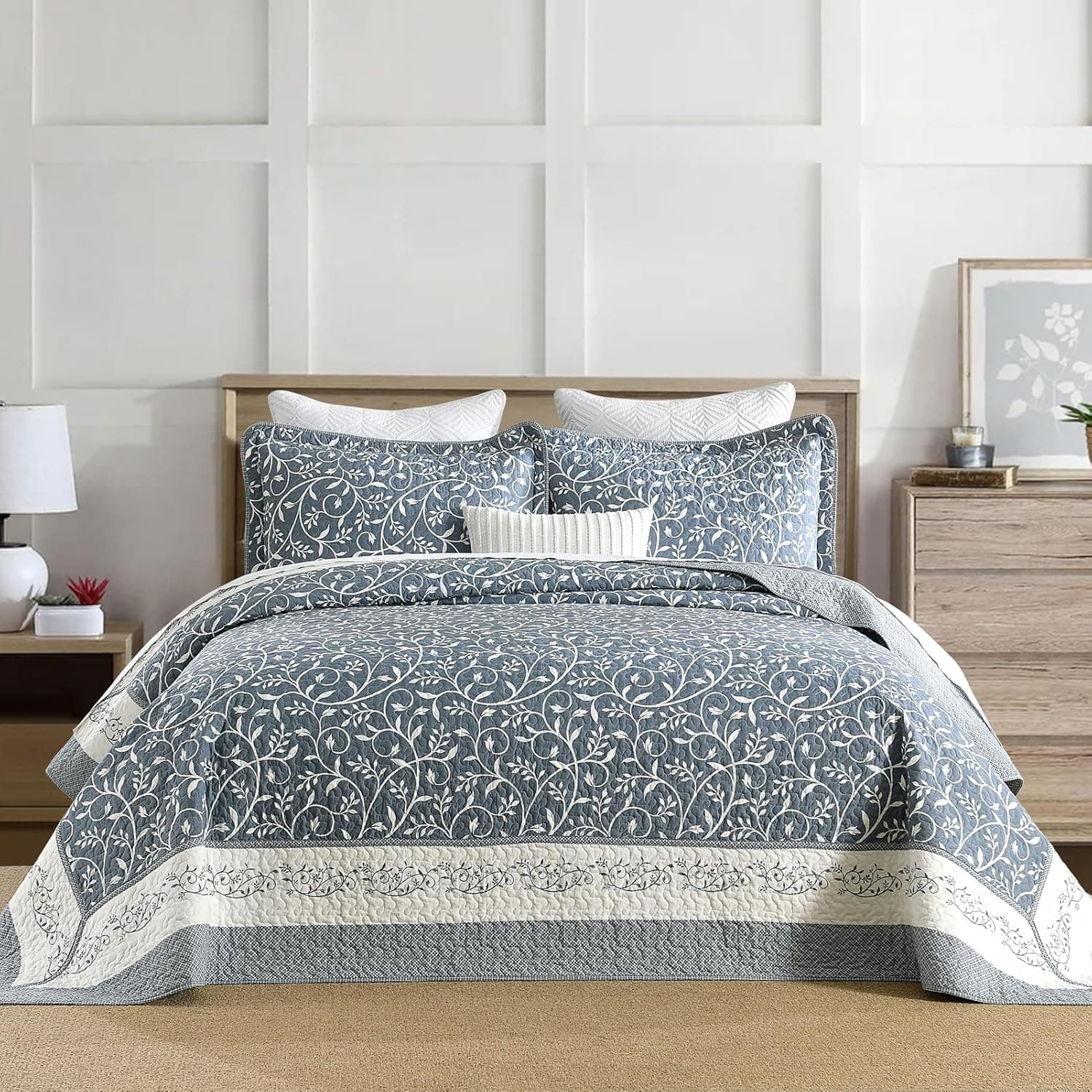 DDUOXIN Colcha Queen leve 259 x 304,8 cm - 100% algodão reversível grande colcha com 2 fronhas, conjunto de colchas botânicas Farmhouse Vine azul ardósia/branco escuro, 3 peças