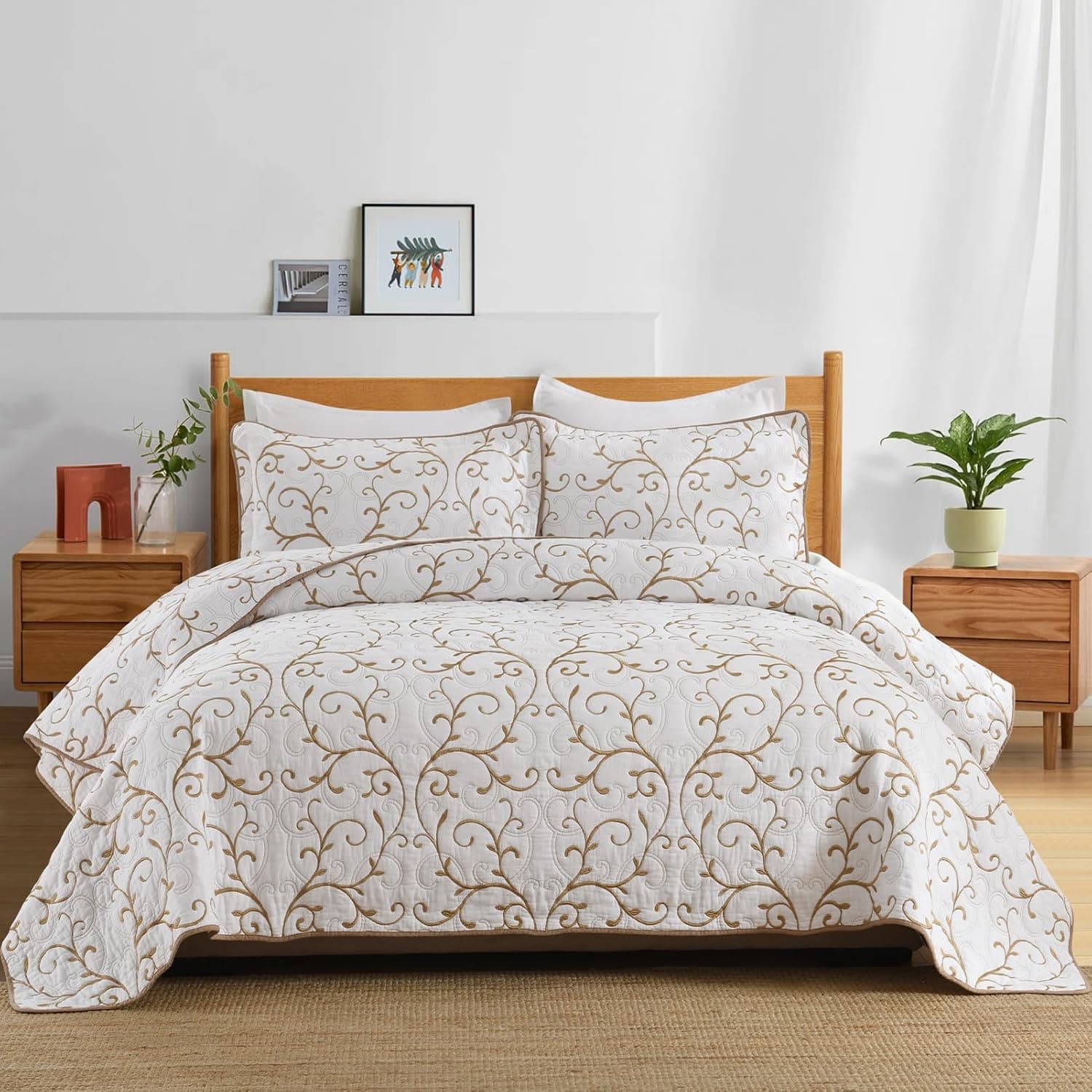 DDUOXIN Conjunto de colcha King 100% algodão – Colcha King bordada, vintage, com 2 fronhas, estilo botânico, leve, 3 peças, branco marfim, bege, king