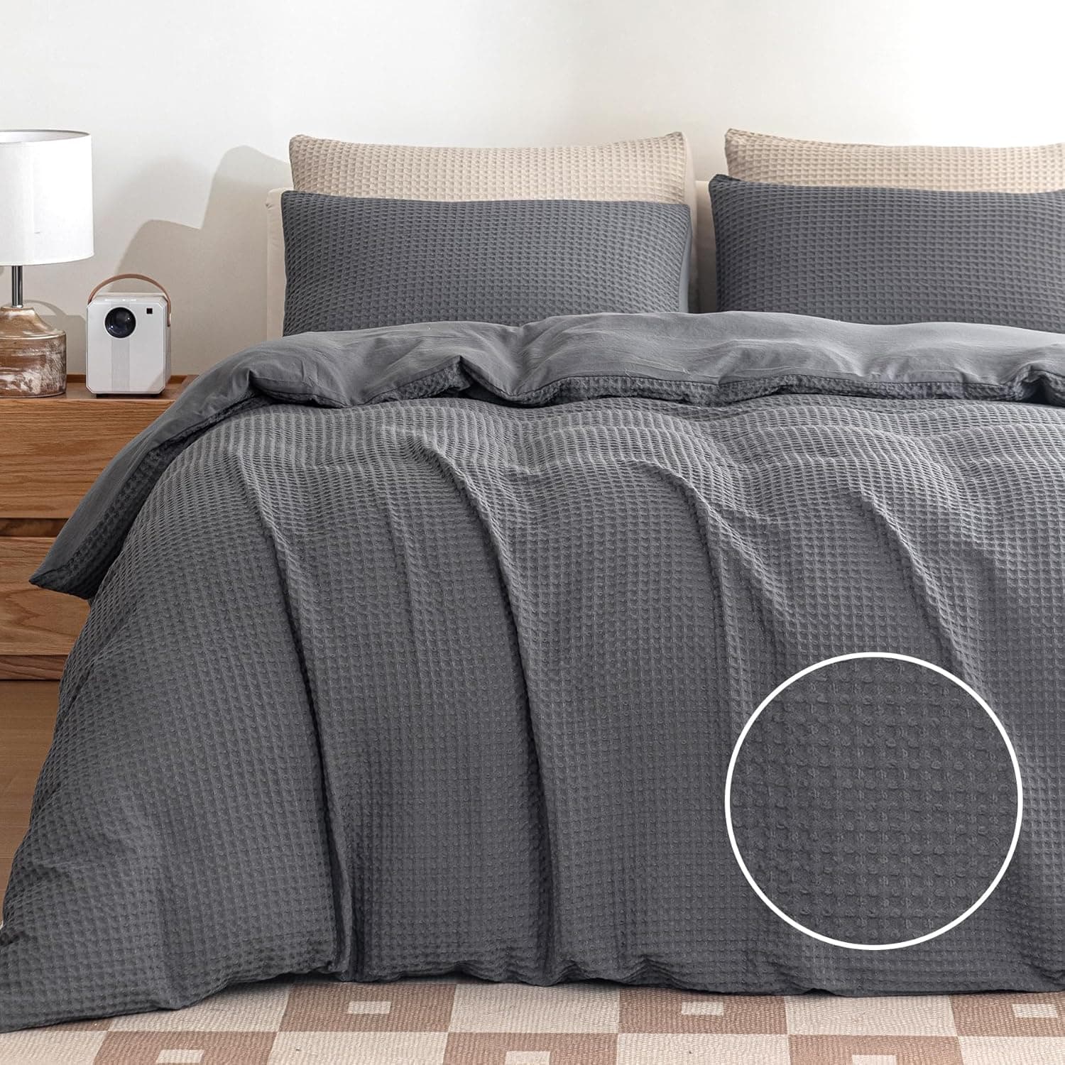Capa de edredom tamanho king size macio respirável refrescante luxo conjunto de cama waffle 3 peças com 1 capa de edredom de trama waffle e 2 fronhas, sem edredom incluído (king, cinza)