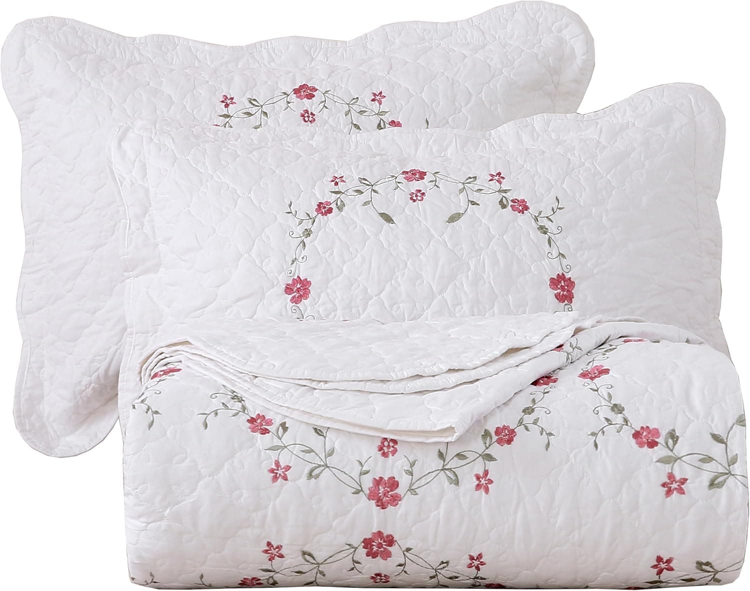 vctops Conjunto de colcha bordada floral elegante de 3 peças, 100% algodão, patchwork reversível, 1 colcha e 2 fronhas casal/queen, branco